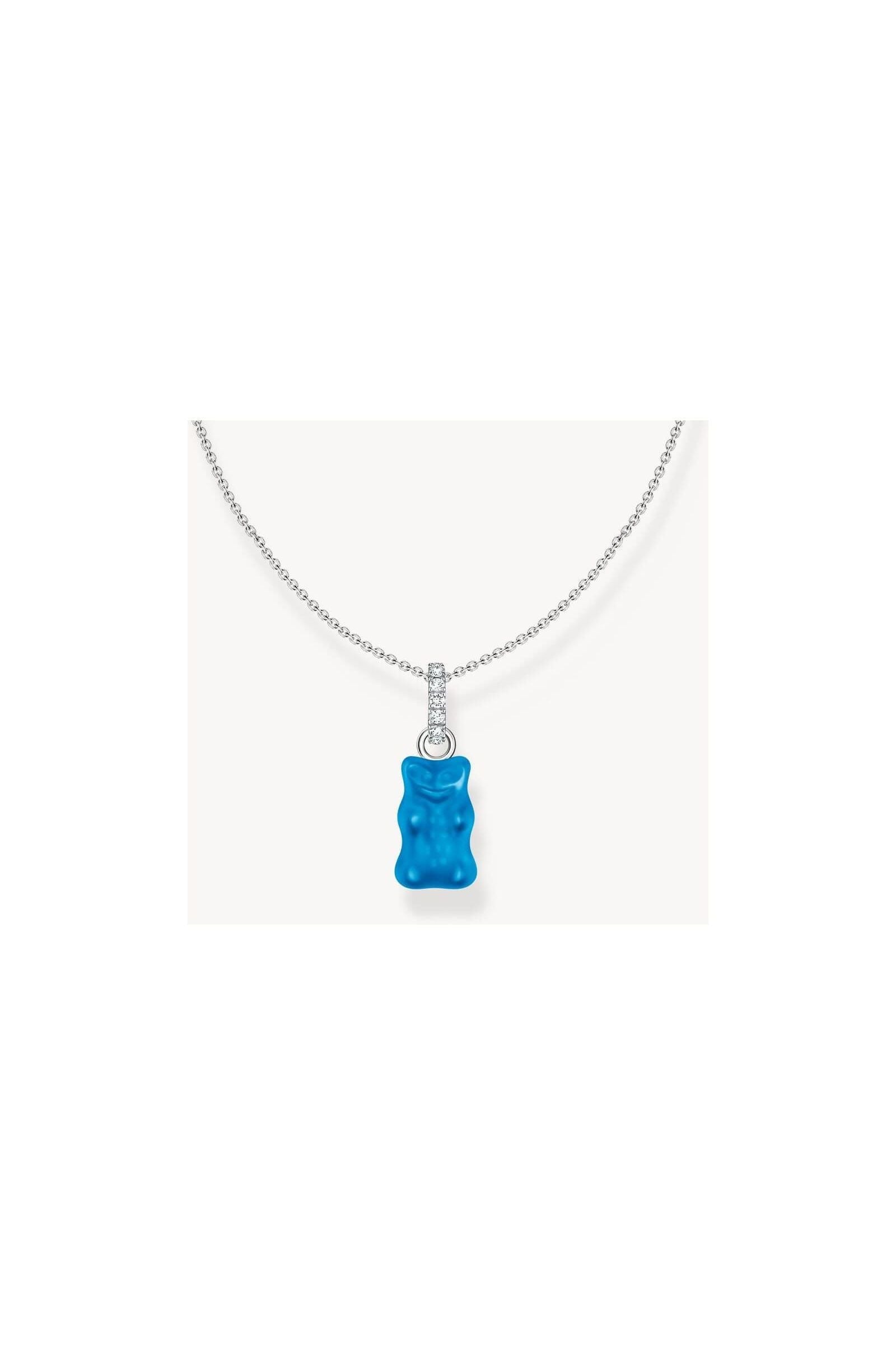 Chaîne à breloque argent avec pendentif ours bleu en cristal et détails en zircones blanches, ajustable 40-45 cm.