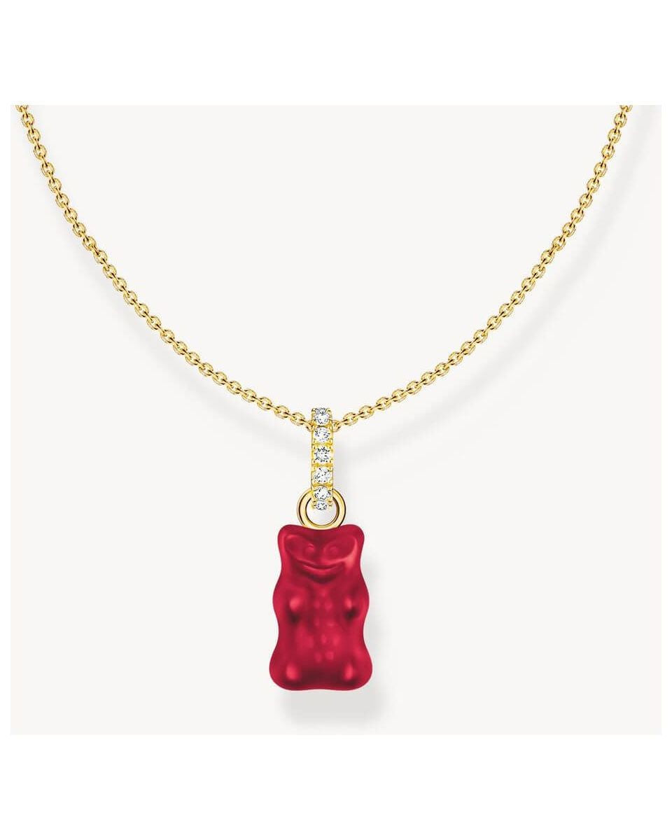 Chaîne dorée avec breloque ours gélifié rouge et zircones blanches, style THOMAS SABO x HARIBO.