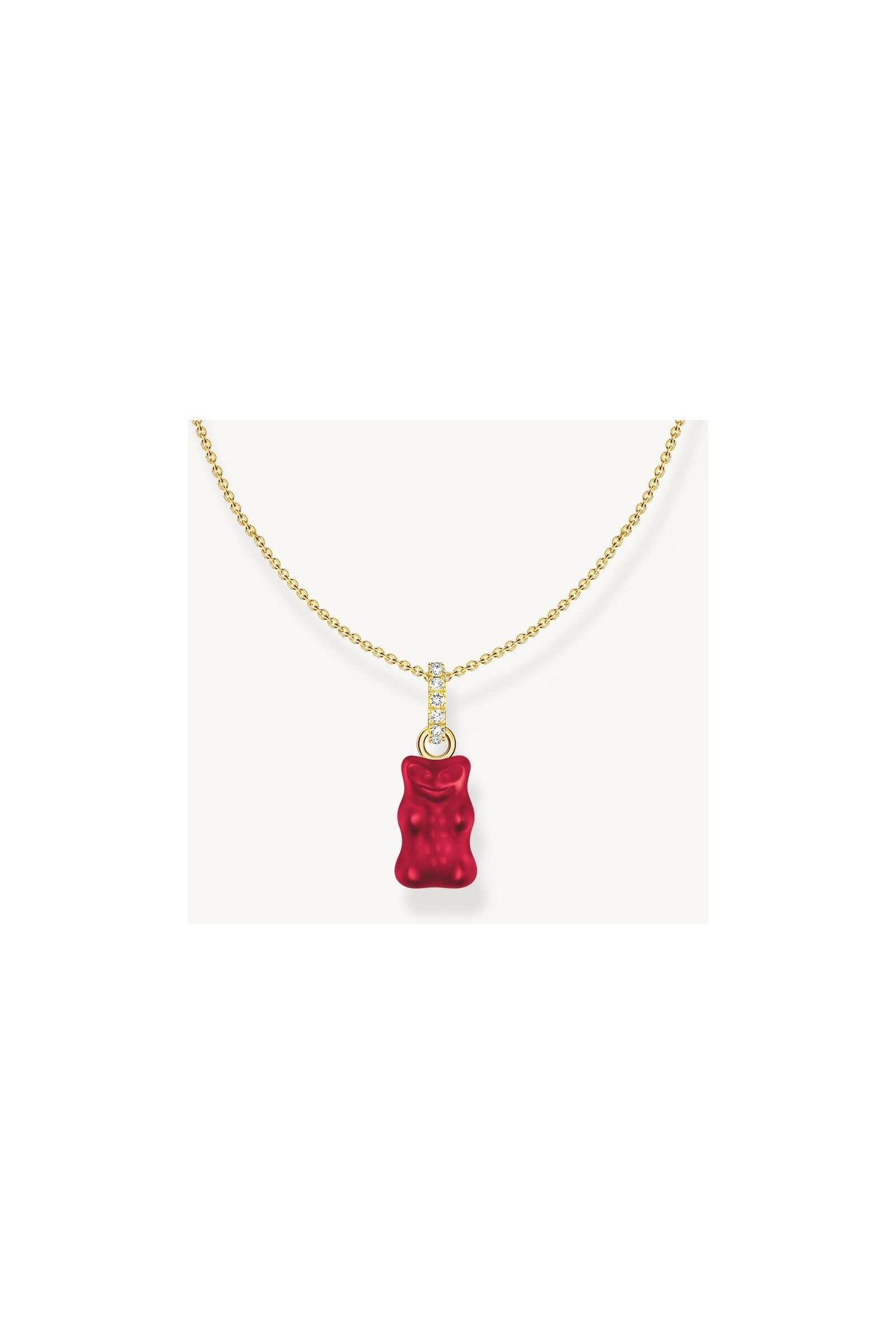 Chaîne dorée avec breloque ours gélifié rouge et zircones blanches, style THOMAS SABO x HARIBO.
