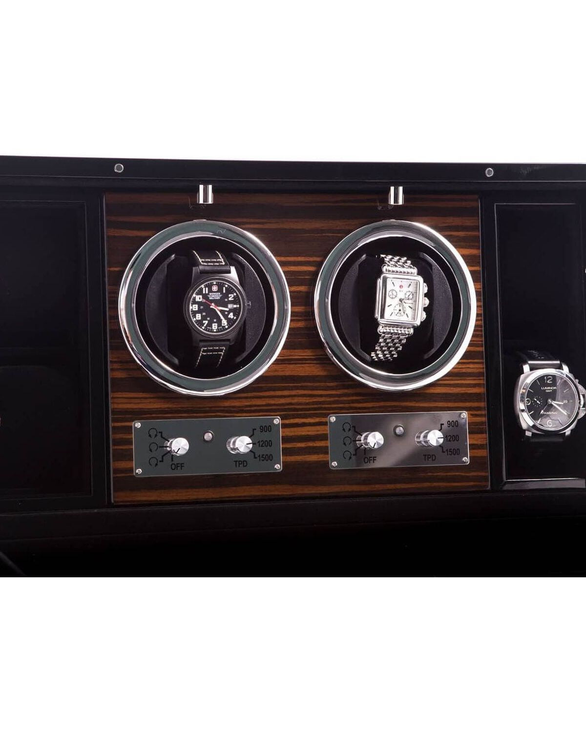 Remontoir "CEO" en ébène avec deux compartiments pour montres et commandes de rotation.
