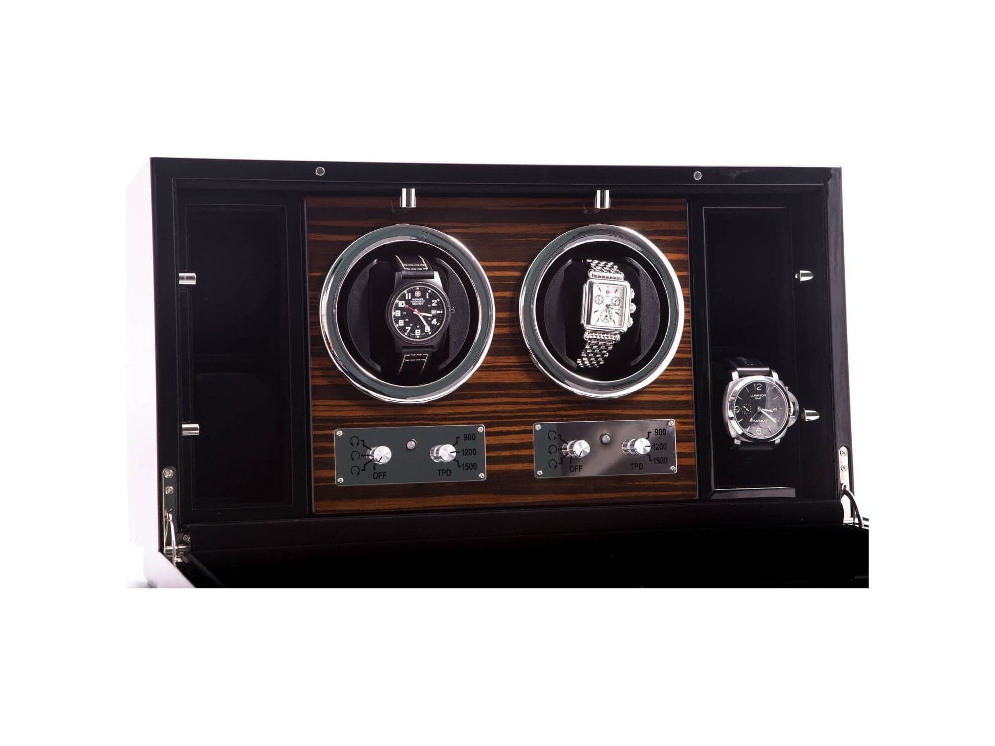 Remontoir "CEO" en ébène avec deux compartiments pour montres et commandes de rotation.