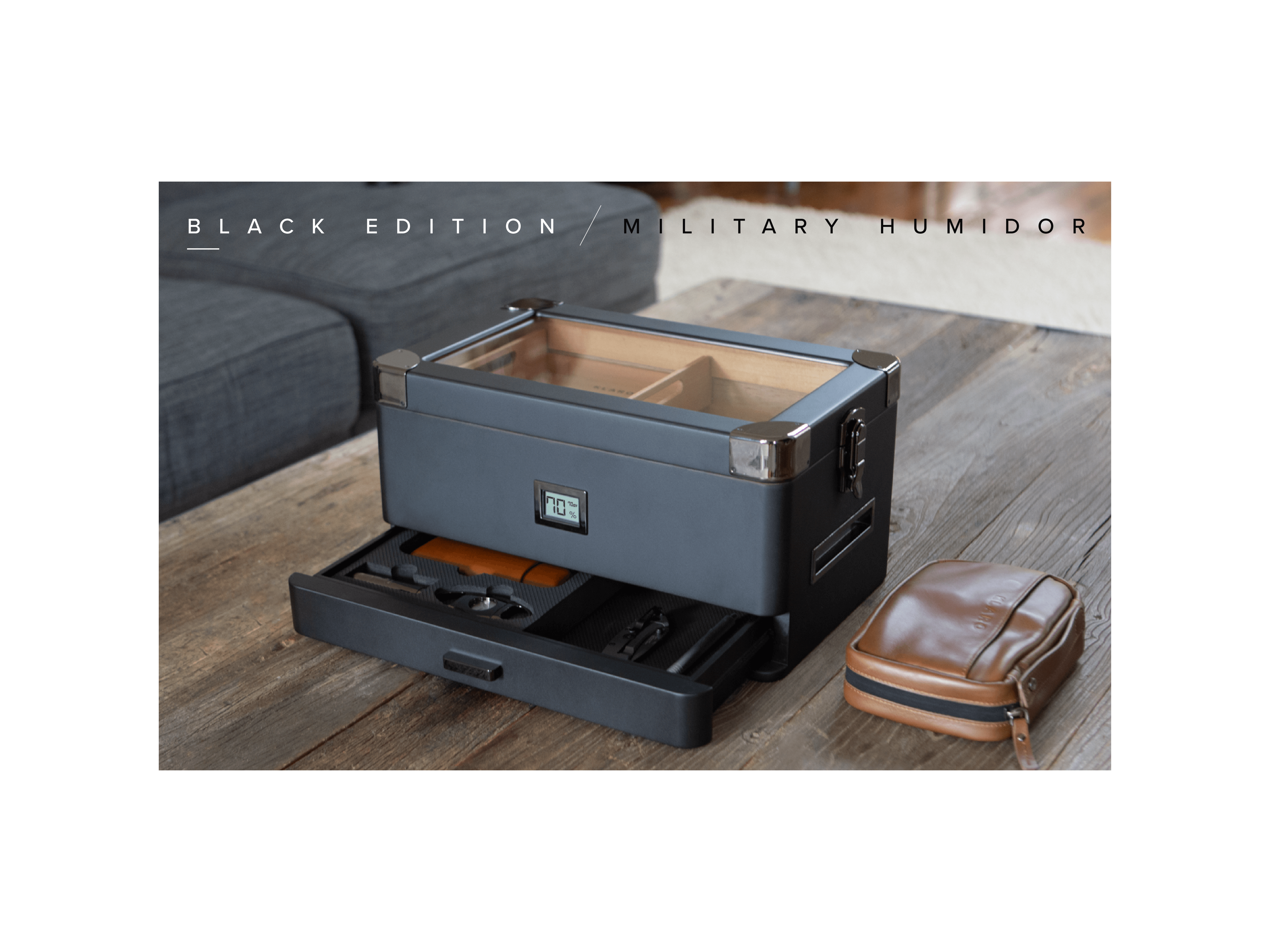Black Edition Military Humidor with unique matte finish and cedar interior, perfect for cigar storage and maintenance.