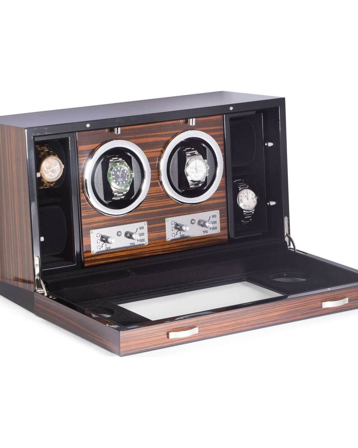 Remontoir 'CEO' en ébène pour 2 montres avec espace de rangement pour 4, finition élégante et fonctionnalités avancées.