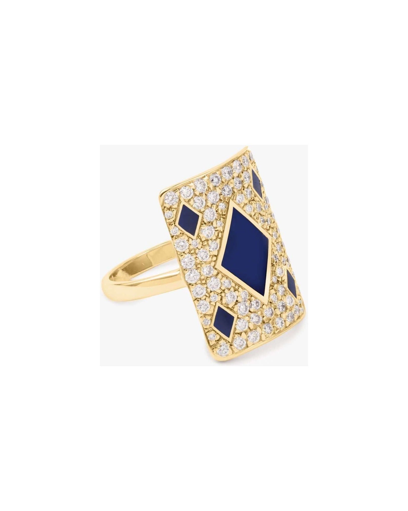 Bague blue honneur or jaune avec diamants, design élégant et flamboyant, pierres précieuses brillantes.