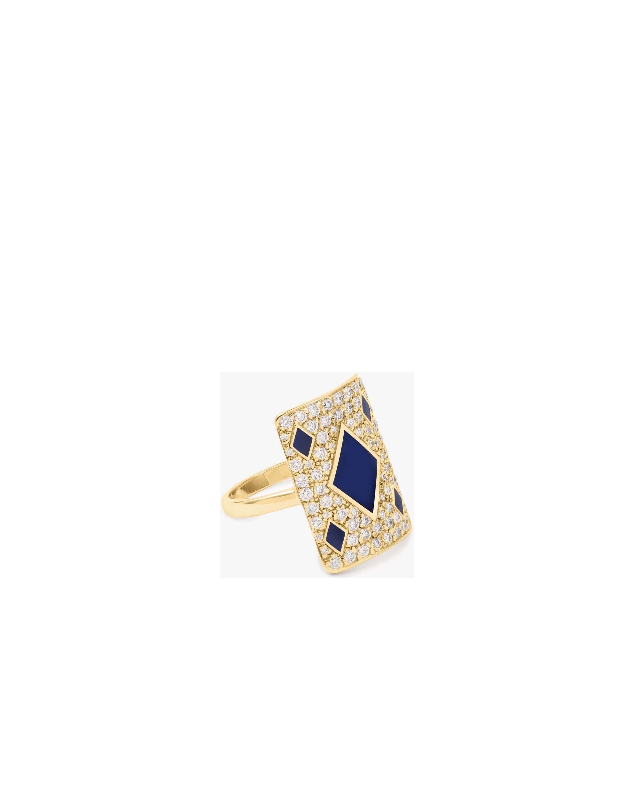 Bague blue honneur or jaune avec diamants, design élégant et flamboyant, pierres précieuses brillantes.