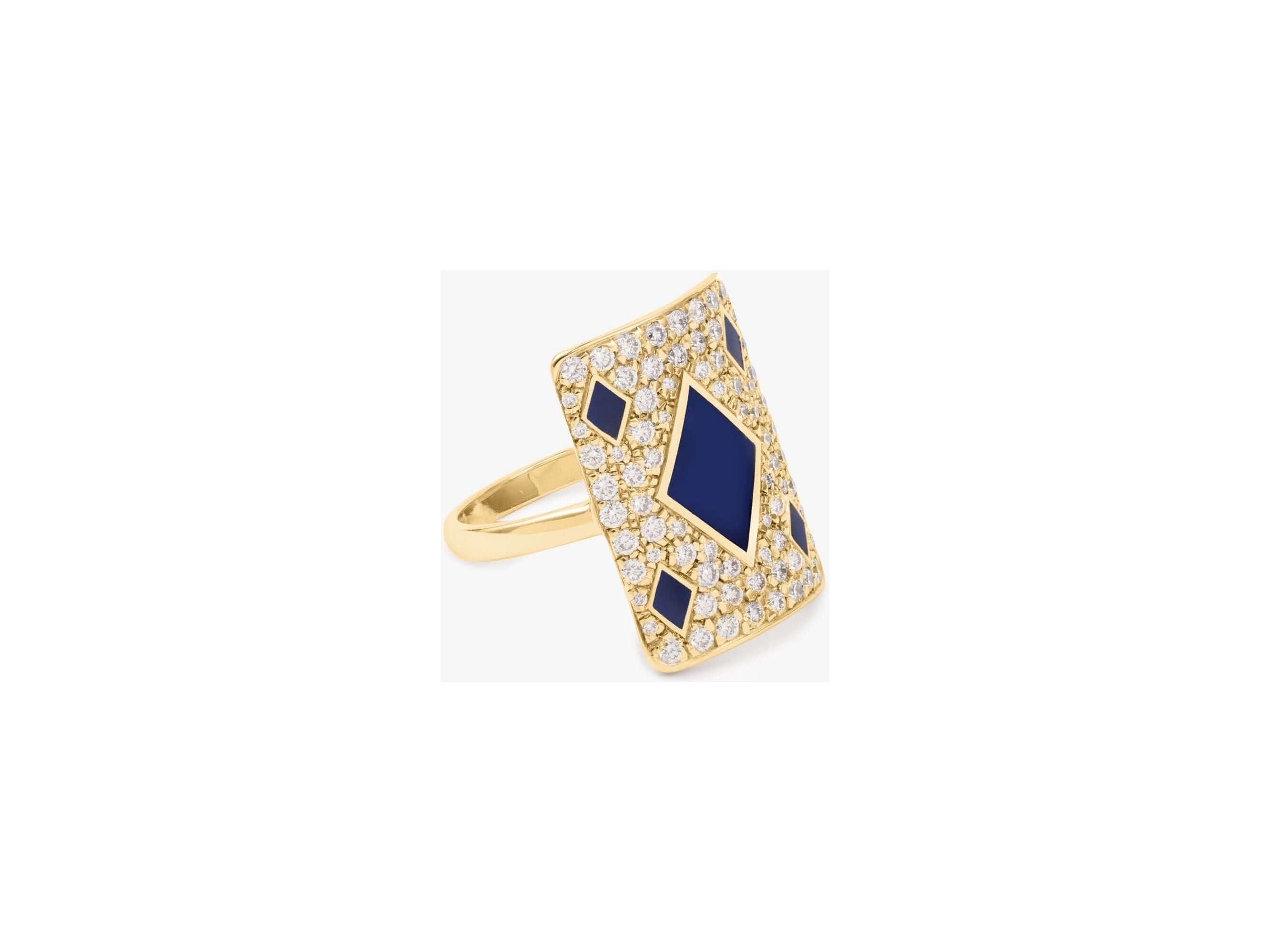 Bague blue honneur or jaune avec diamants, design élégant et flamboyant, pierres précieuses brillantes.