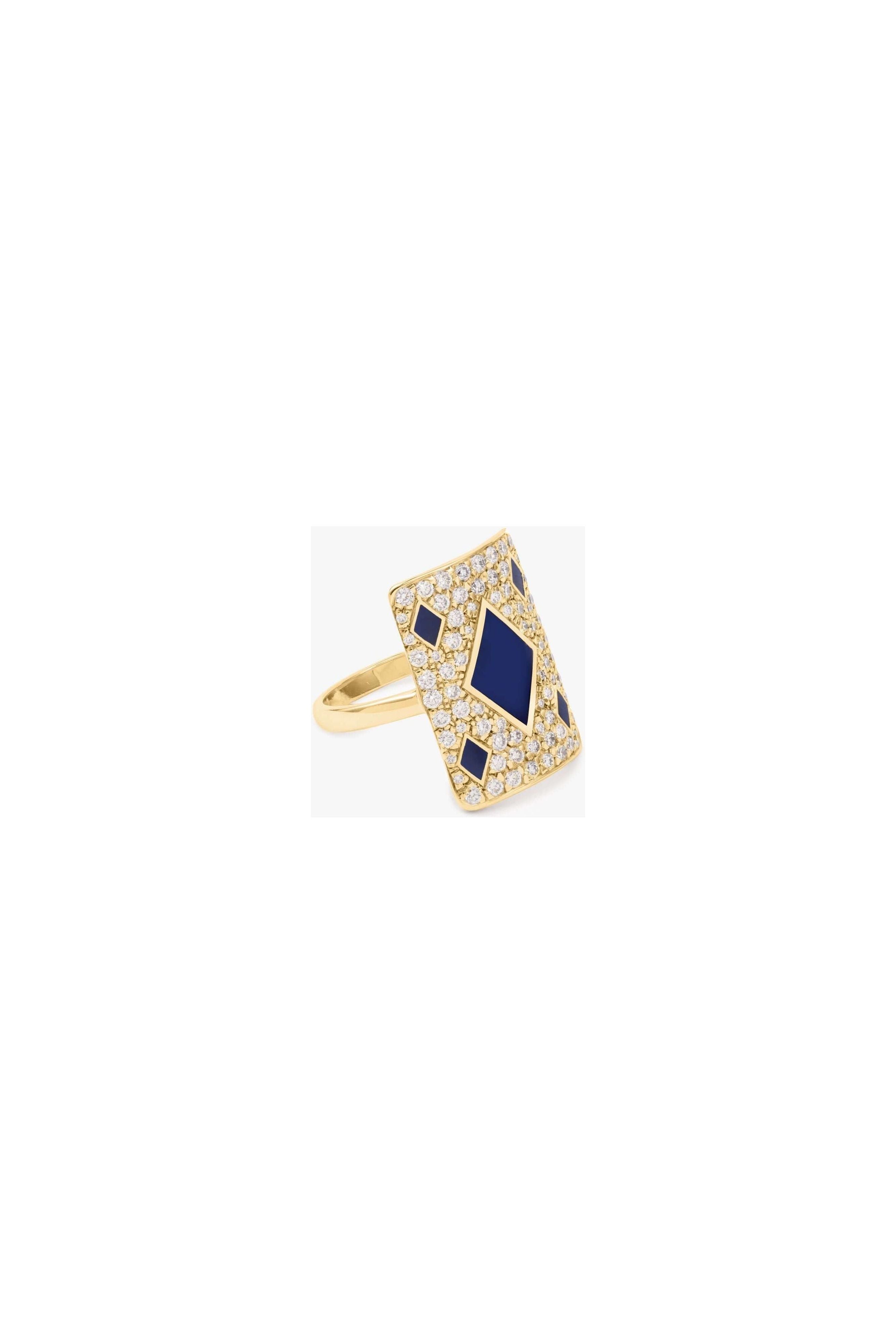 Bague blue honneur or jaune avec diamants, design élégant et flamboyant, pierres précieuses brillantes.