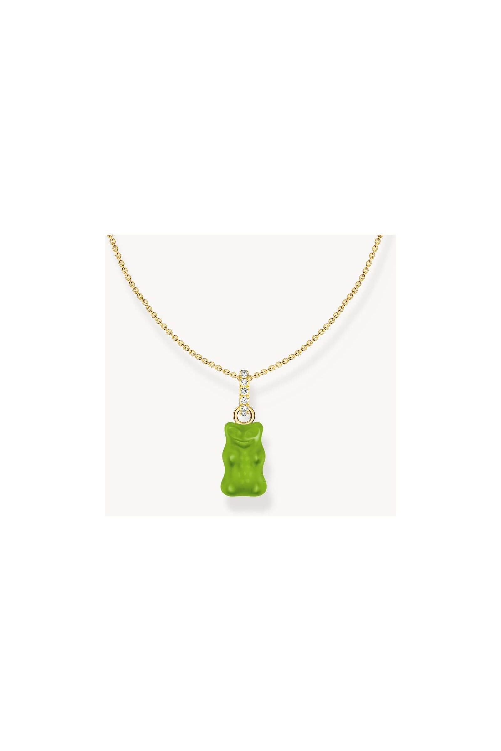 Chaîne dorée avec breloque ours gélifié vert et zircones blanches, ajustable de 40 à 45 cm.
