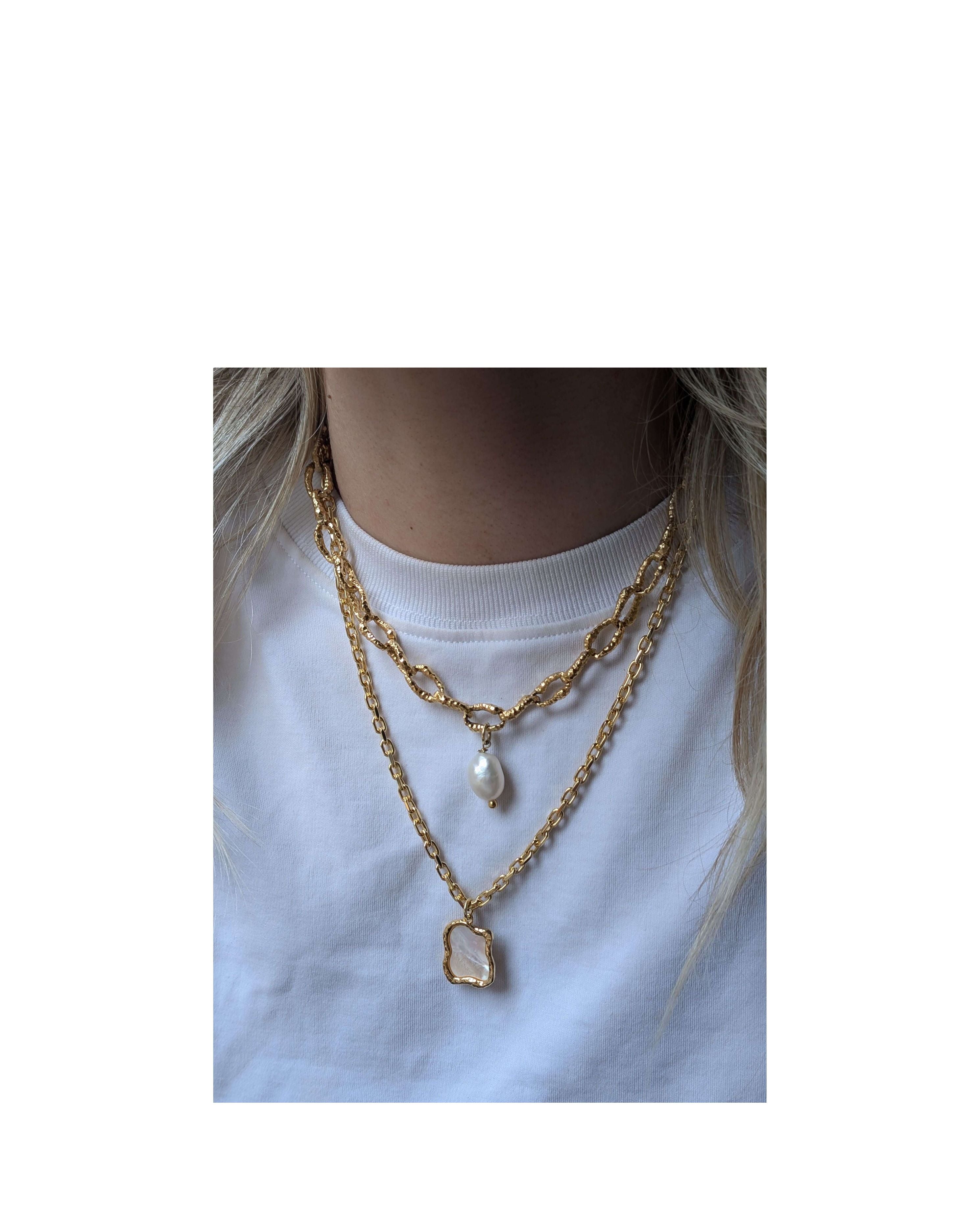 Gold Shelly Mother of Pearl Textured Bezel Necklace