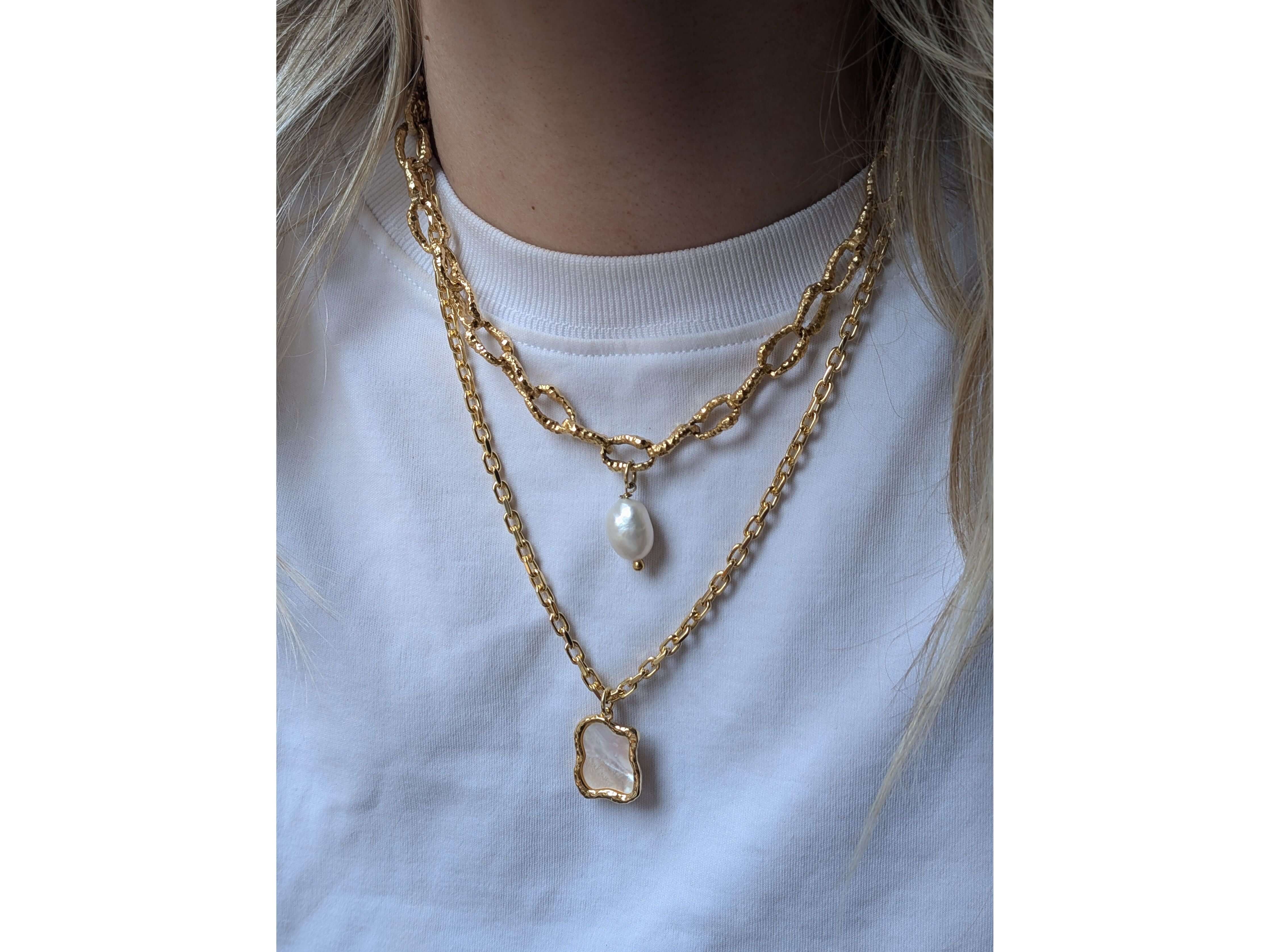 Gold Shelly Mother of Pearl Textured Bezel Necklace