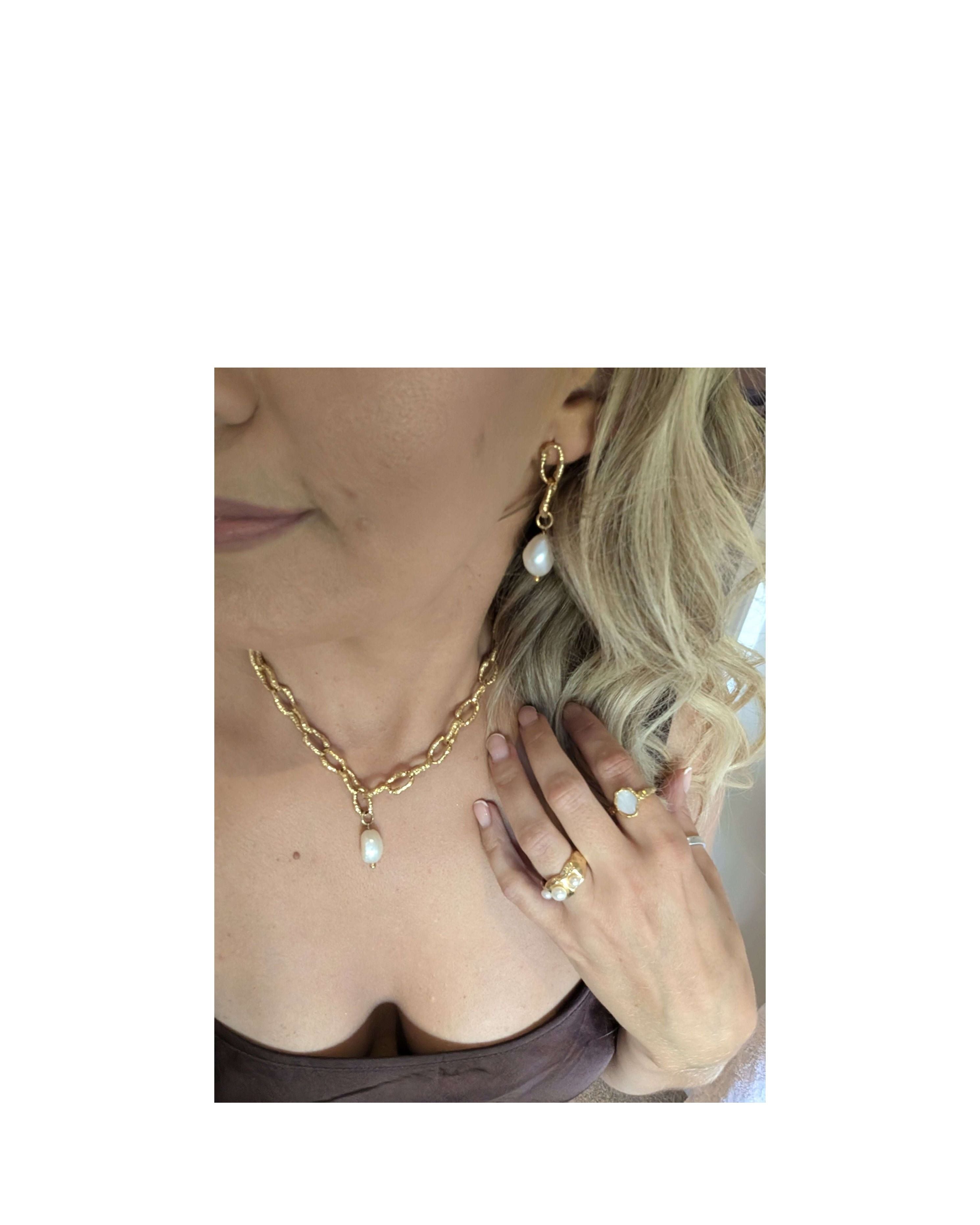 Gold Sandy Textured Chunky Chain Pearl Drop Earrings