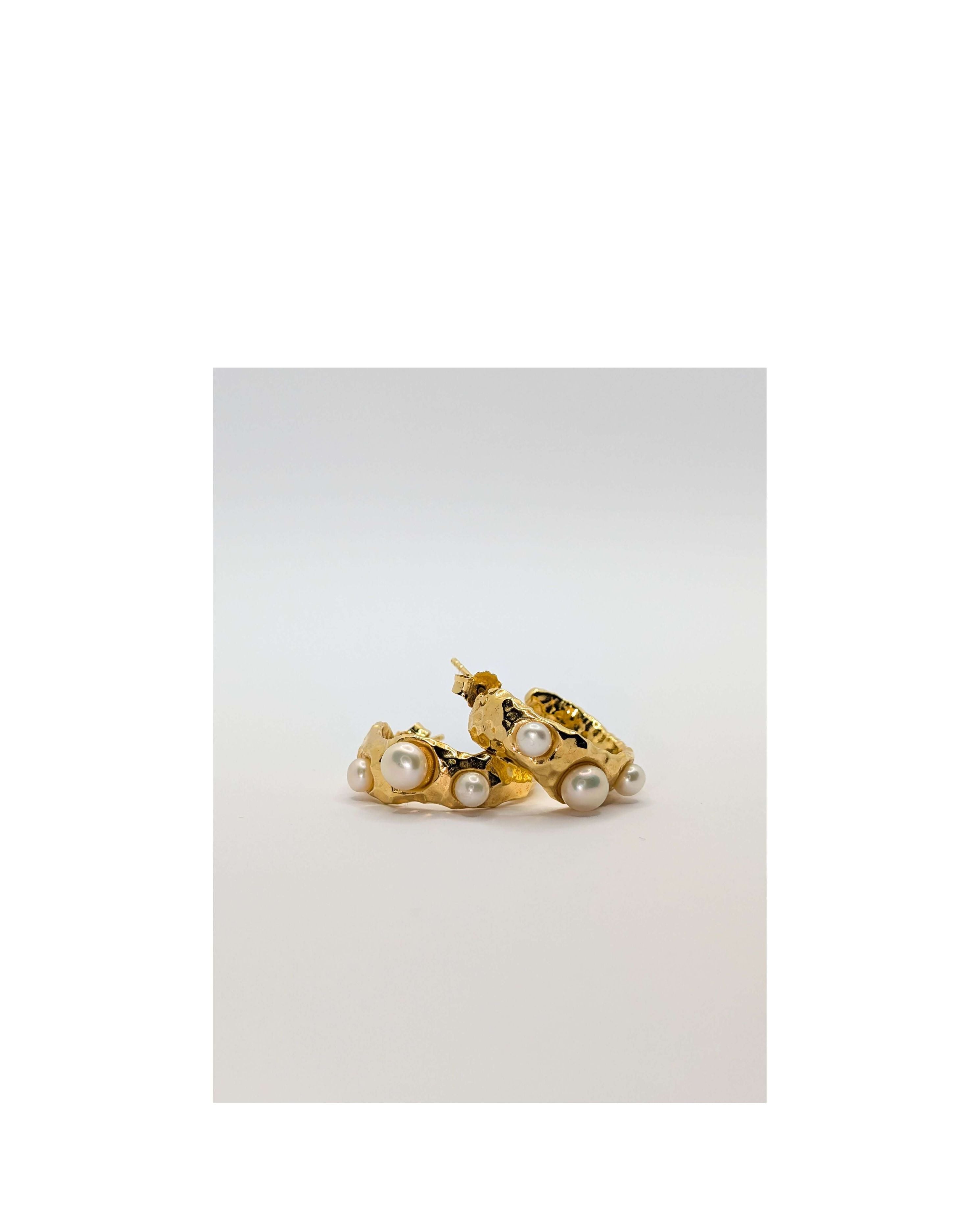 Gold Coral Textured Pearl Chunky Hoop Earrings