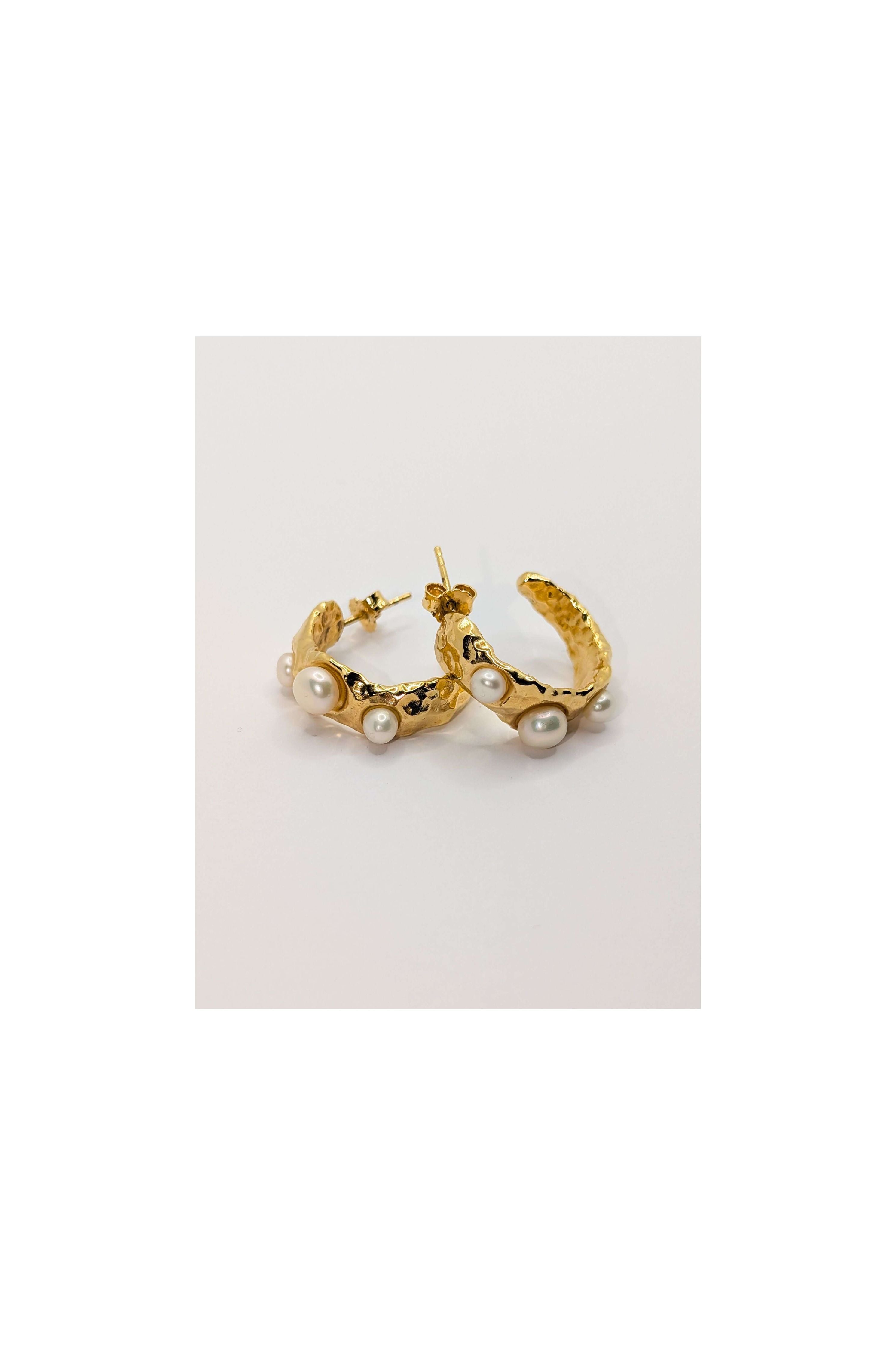 Gold Coral Textured Pearl Chunky Hoop Earrings
