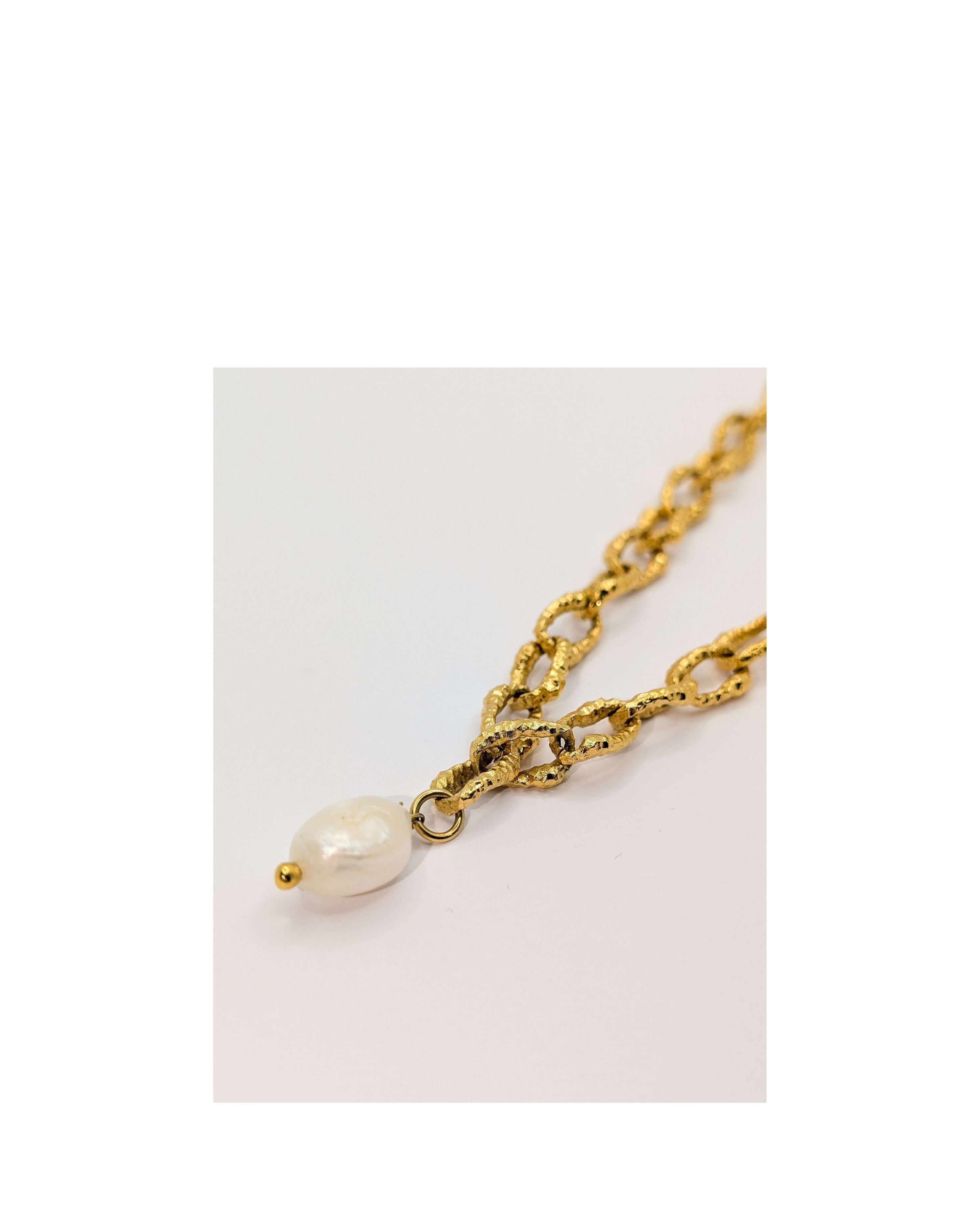 Gold Sandy Textured Chunky Chain Pearl Pendant Necklace