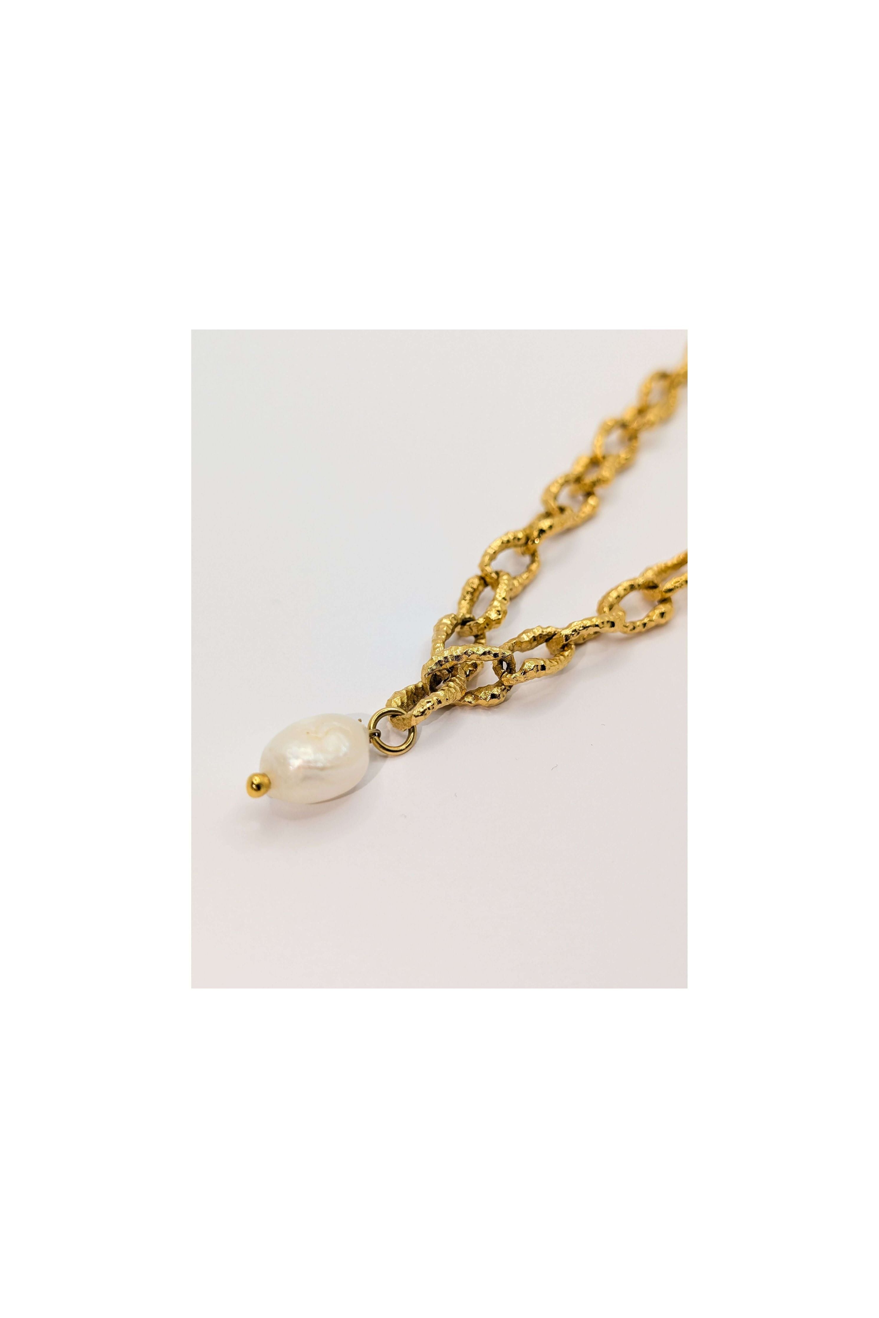 Gold Sandy Textured Chunky Chain Pearl Pendant Necklace