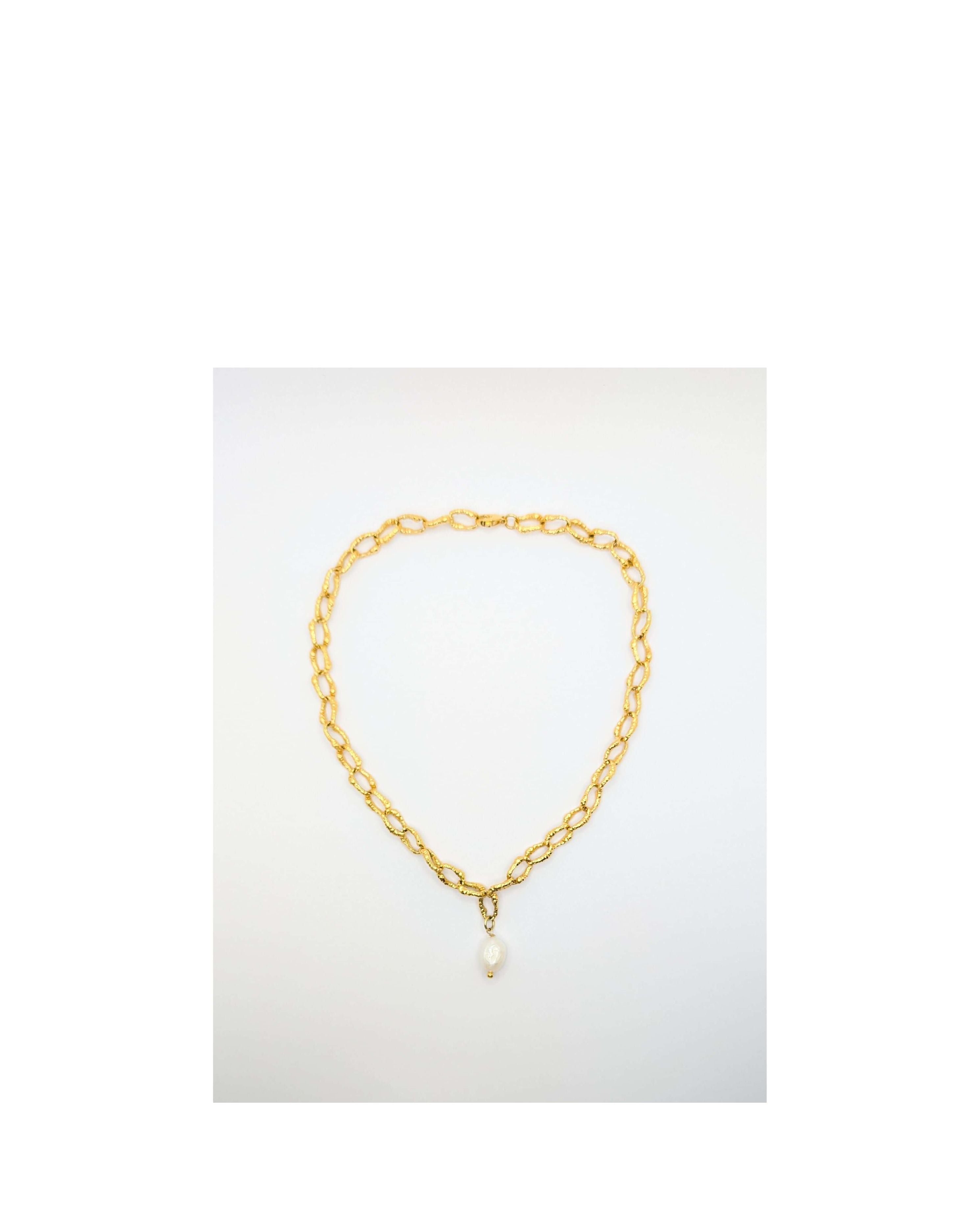 Gold Sandy Textured Chunky Chain Pearl Pendant Necklace
