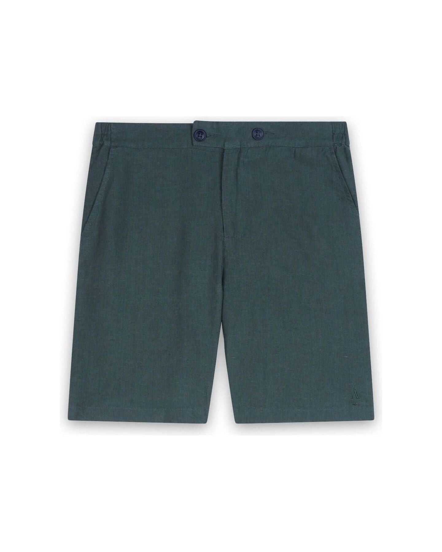 Bermuda lin Balsam - stylish green linen shorts with two buttons and pockets for comfortable summer wear.