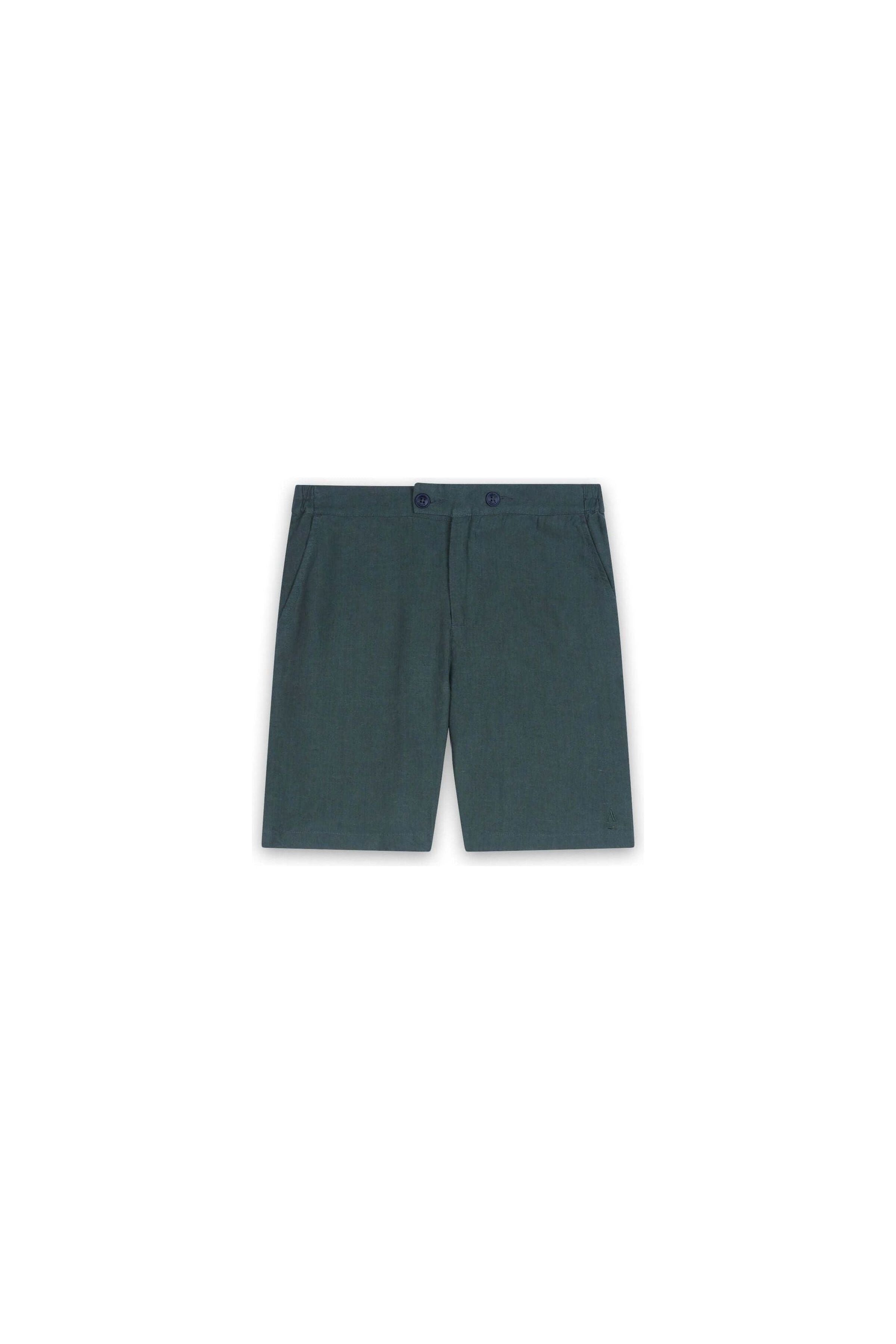 Bermuda lin Balsam - stylish green linen shorts with two buttons and pockets for comfortable summer wear.
