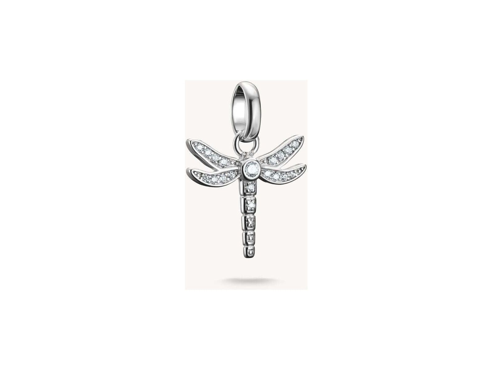 Pendentif charm libellule en argent 925 avec pierres de zirconium blanc scintillantes, élégant et délicat.