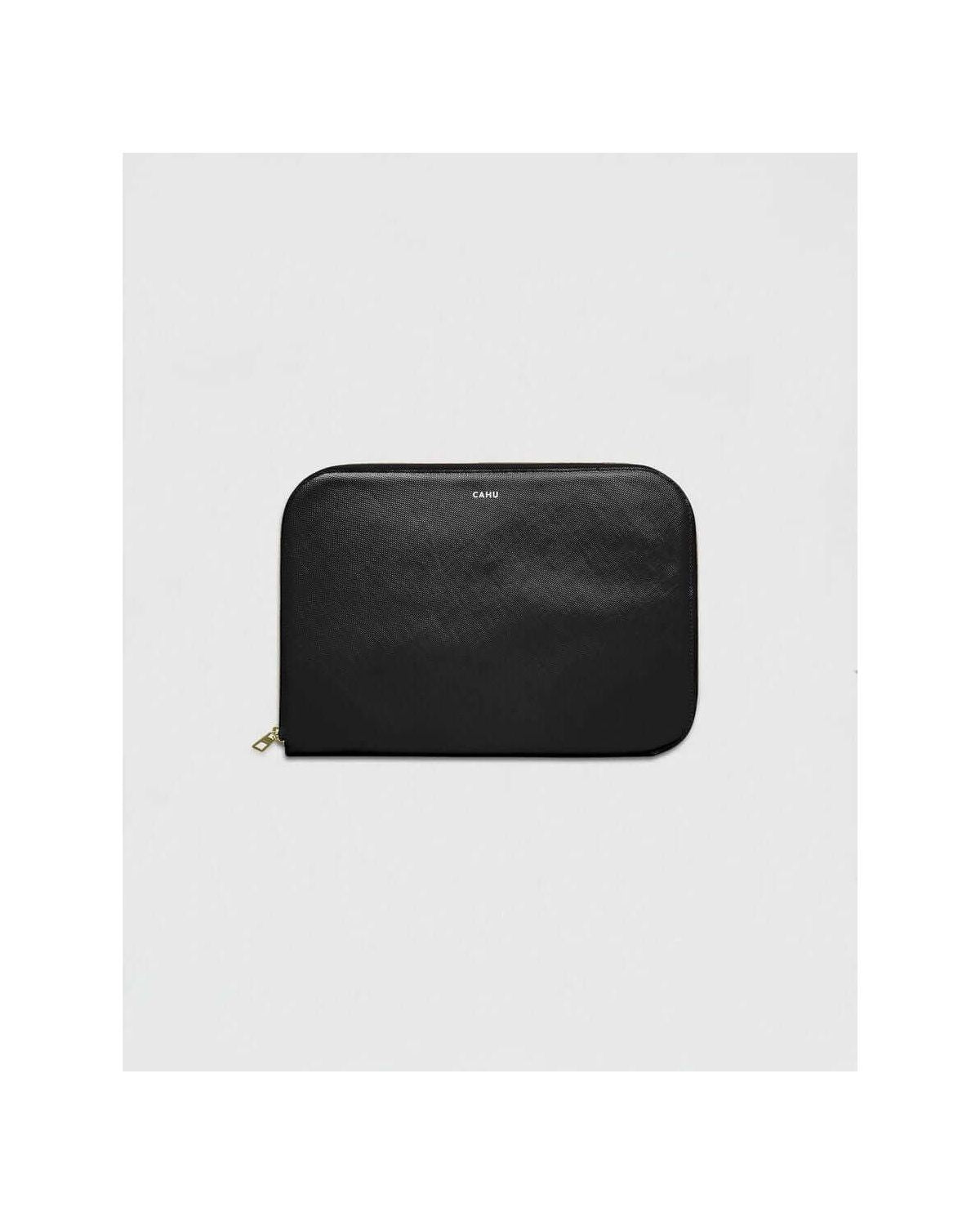 La Pochette Claude: sleek black laptop sleeve with golden zipper, made from durable, waterproof PVC, features cotton lining.