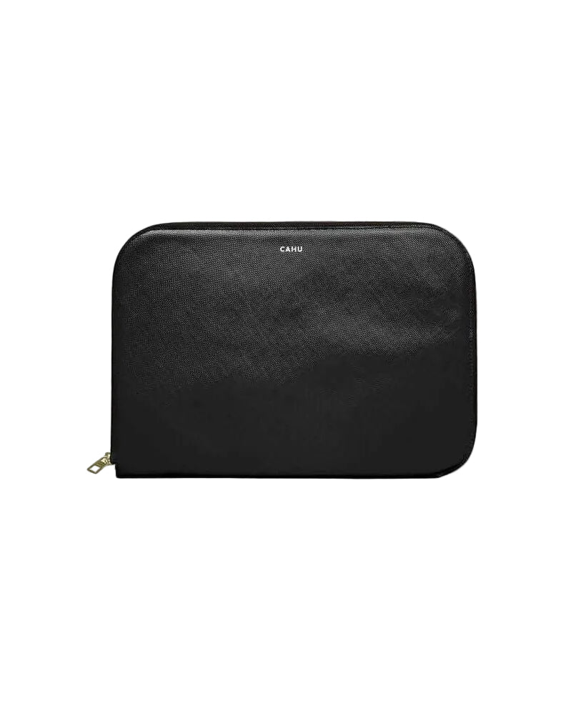 La Pochette Claude: sleek black laptop sleeve with golden zipper, made from durable, waterproof PVC, features cotton lining.