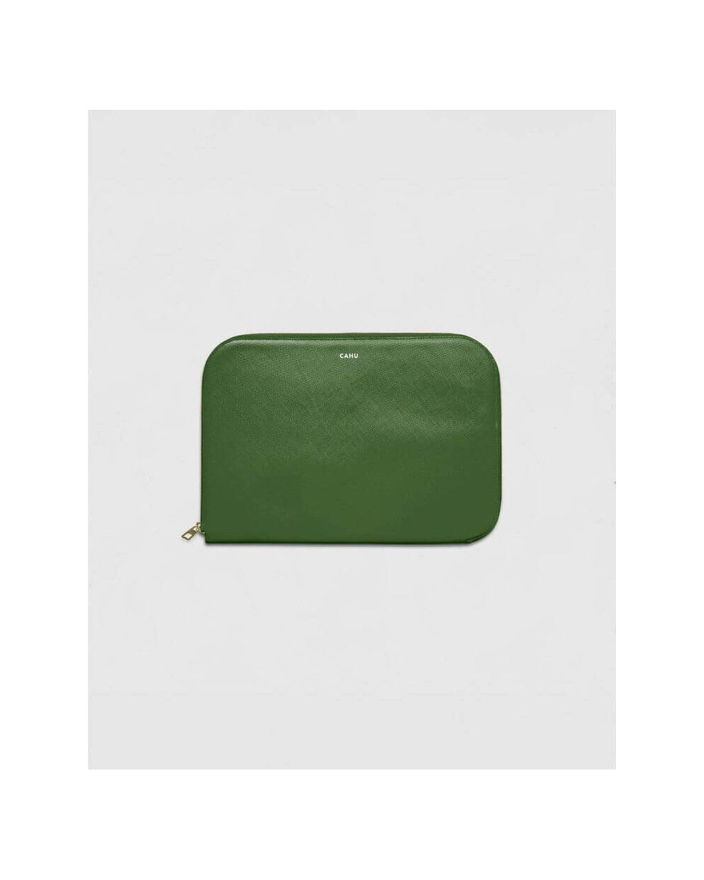 Dark green computer pouch by CAHU with a sleek design and golden zipper, perfect for 13-inch devices.