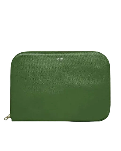 Dark green computer pouch by CAHU with a sleek design and golden zipper, perfect for 13-inch devices.