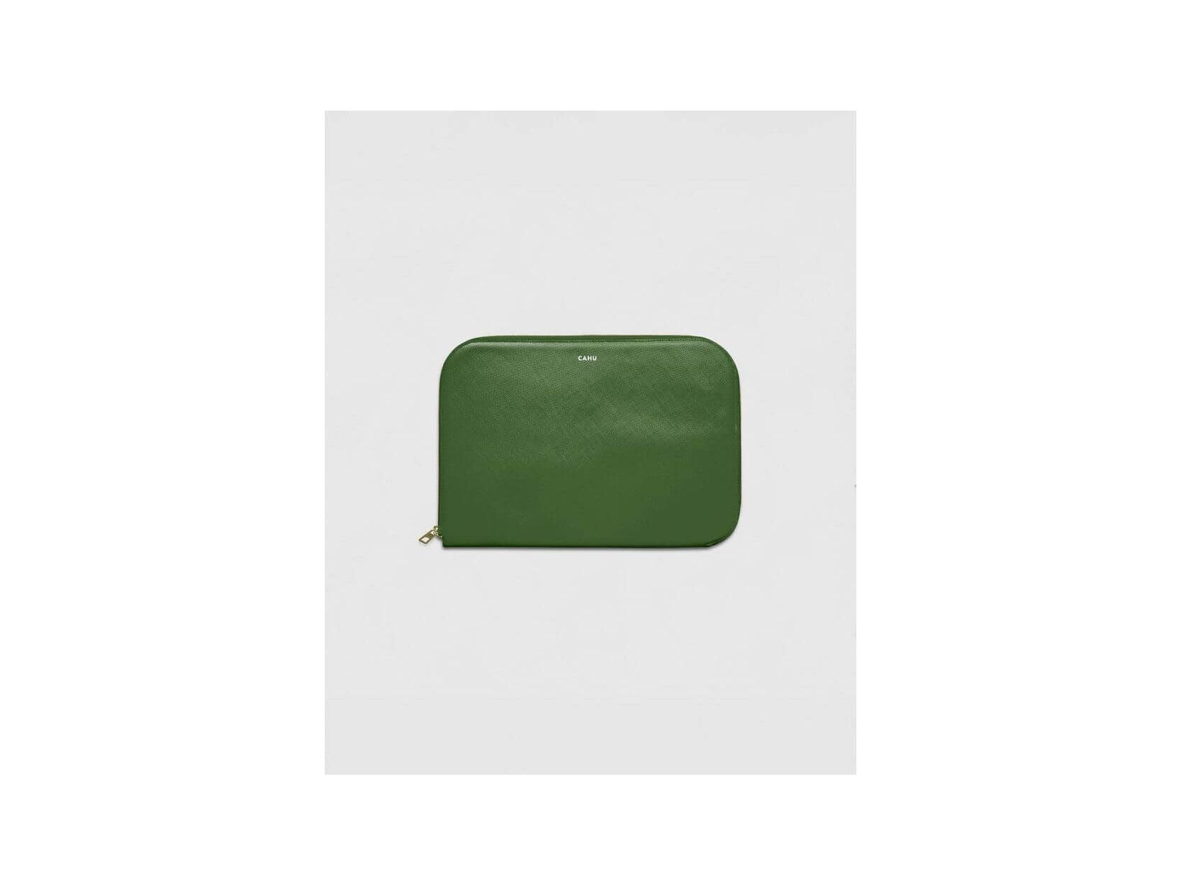 Dark green computer pouch by CAHU with a sleek design and golden zipper, perfect for 13-inch devices.