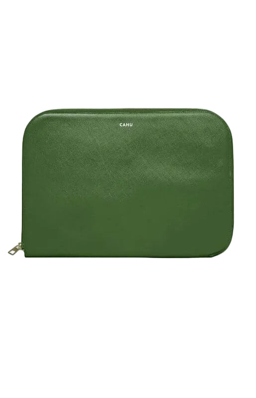 Dark green computer pouch by CAHU with a sleek design and golden zipper, perfect for 13-inch devices.