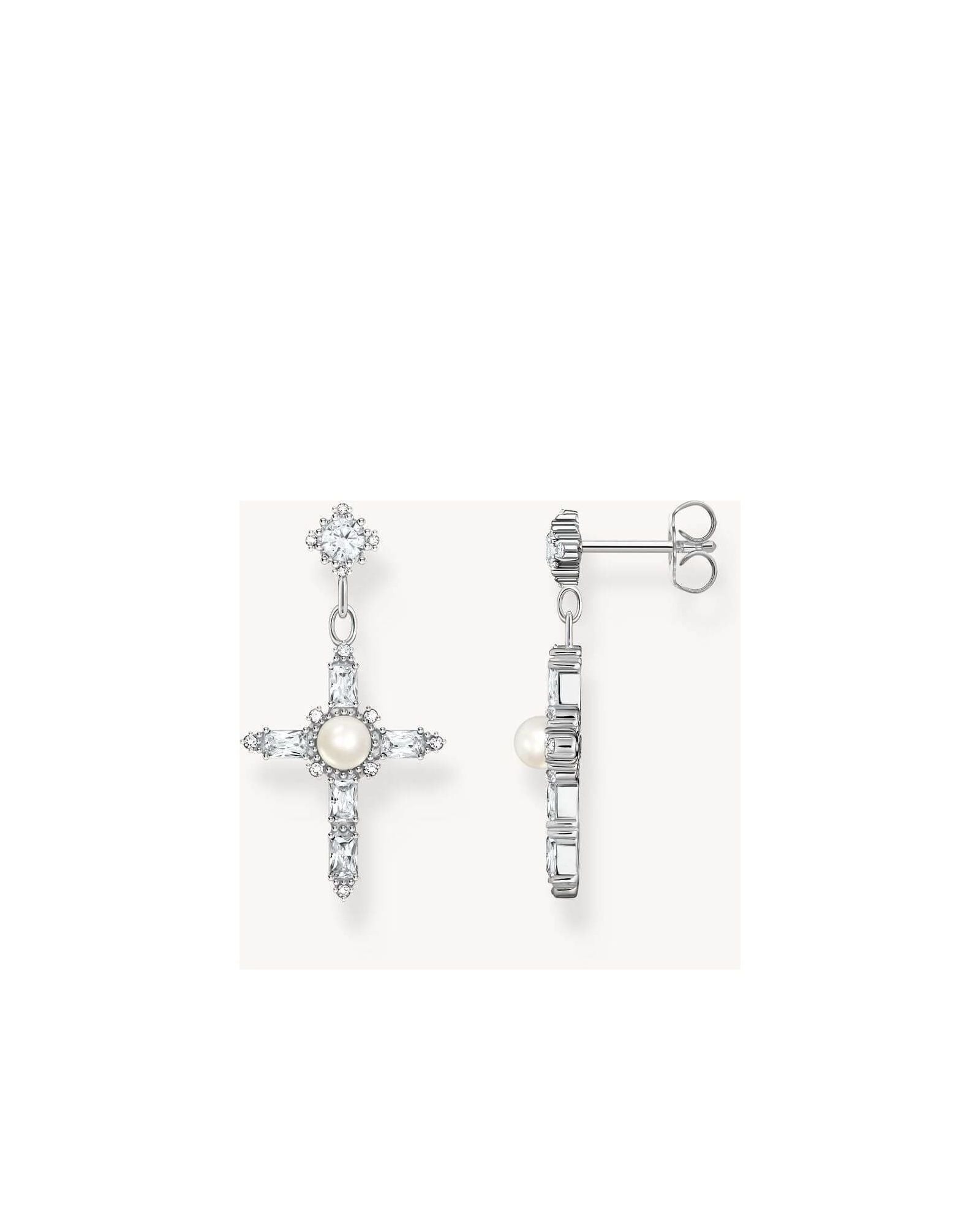 Boucles d'oreilles Croix en argent noirci avec perles et zirconium noir et blanc, style vintage.