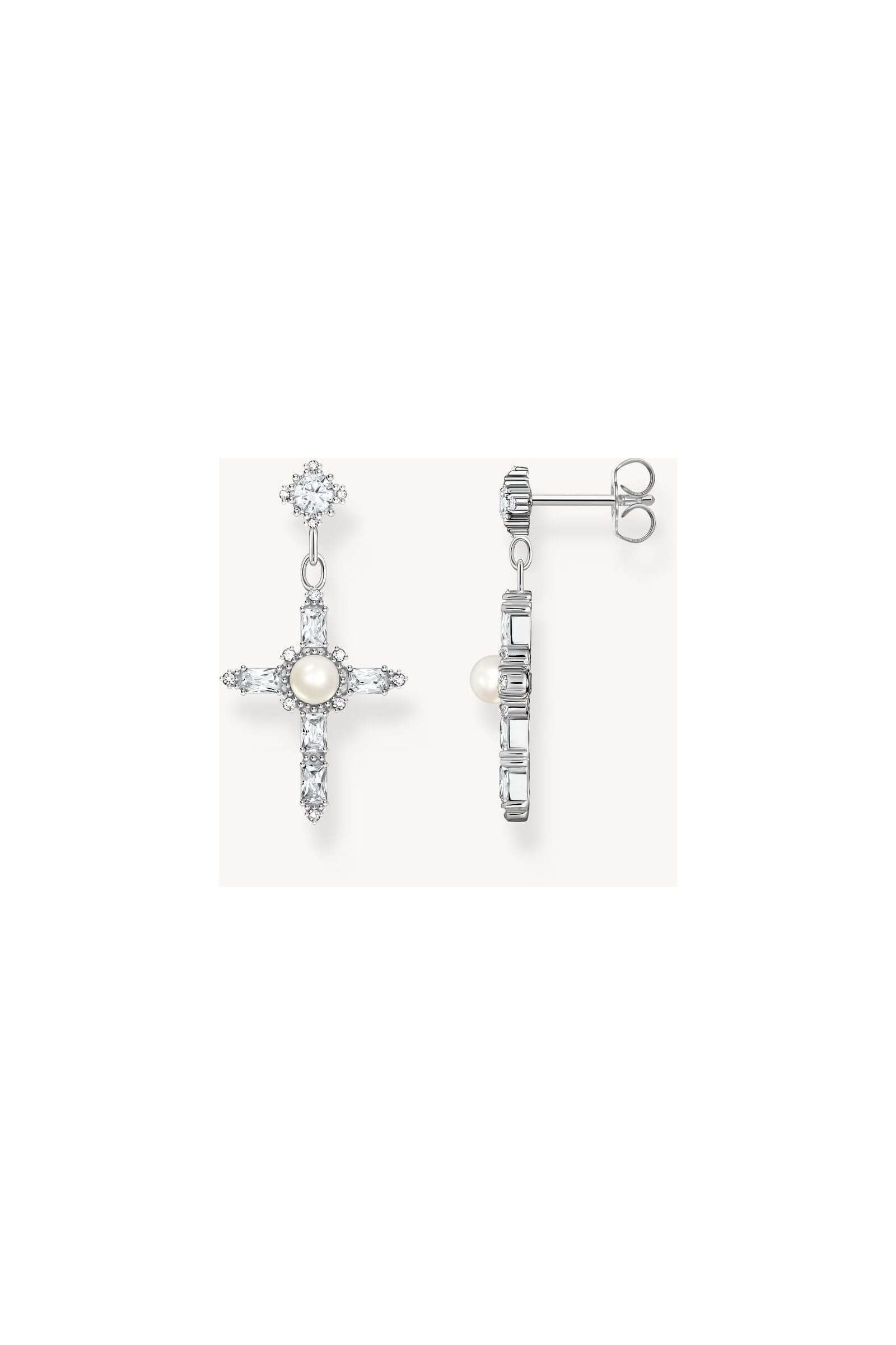 Boucles d'oreilles Croix en argent noirci avec perles et zirconium noir et blanc, style vintage.
