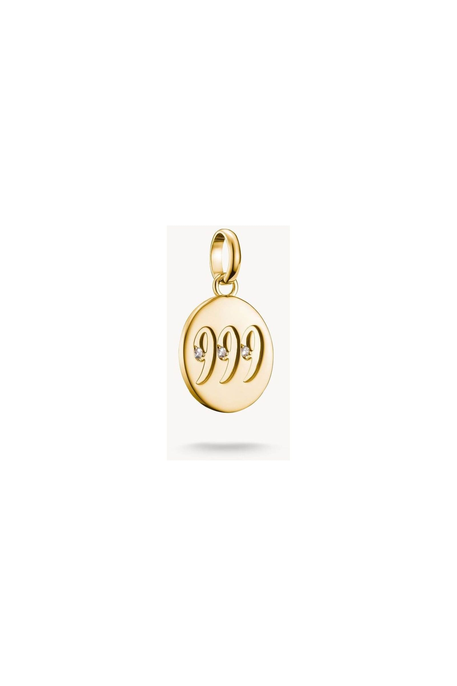 Pendentif charm numérologique 999 en or plaqué, orné de trois pierres blanches en zirconium.