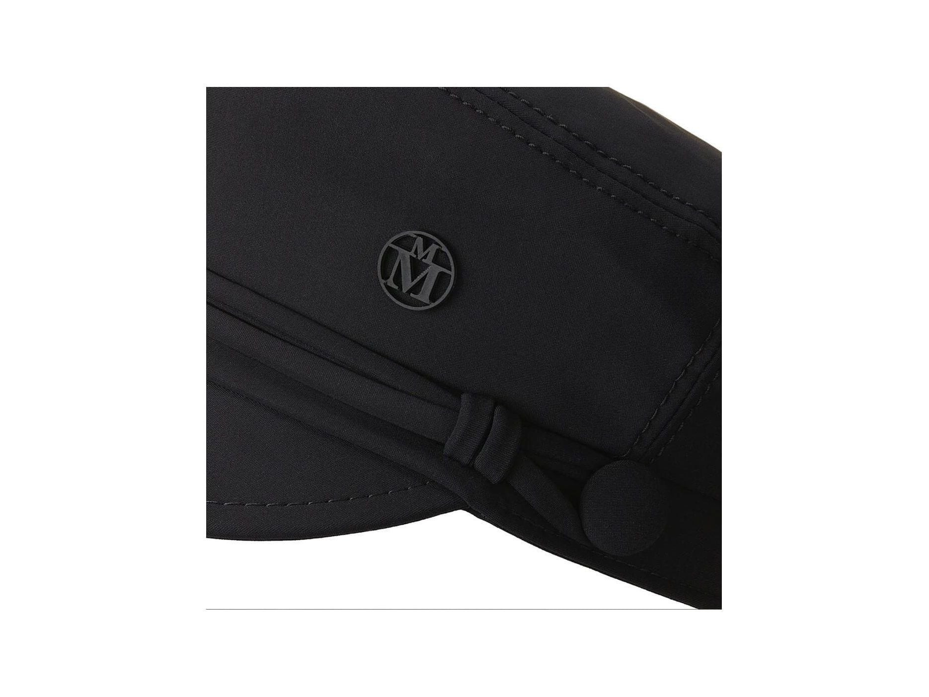 Close-up of the Abby Water black lycra cap with logo, designed for water sports and sun protection.