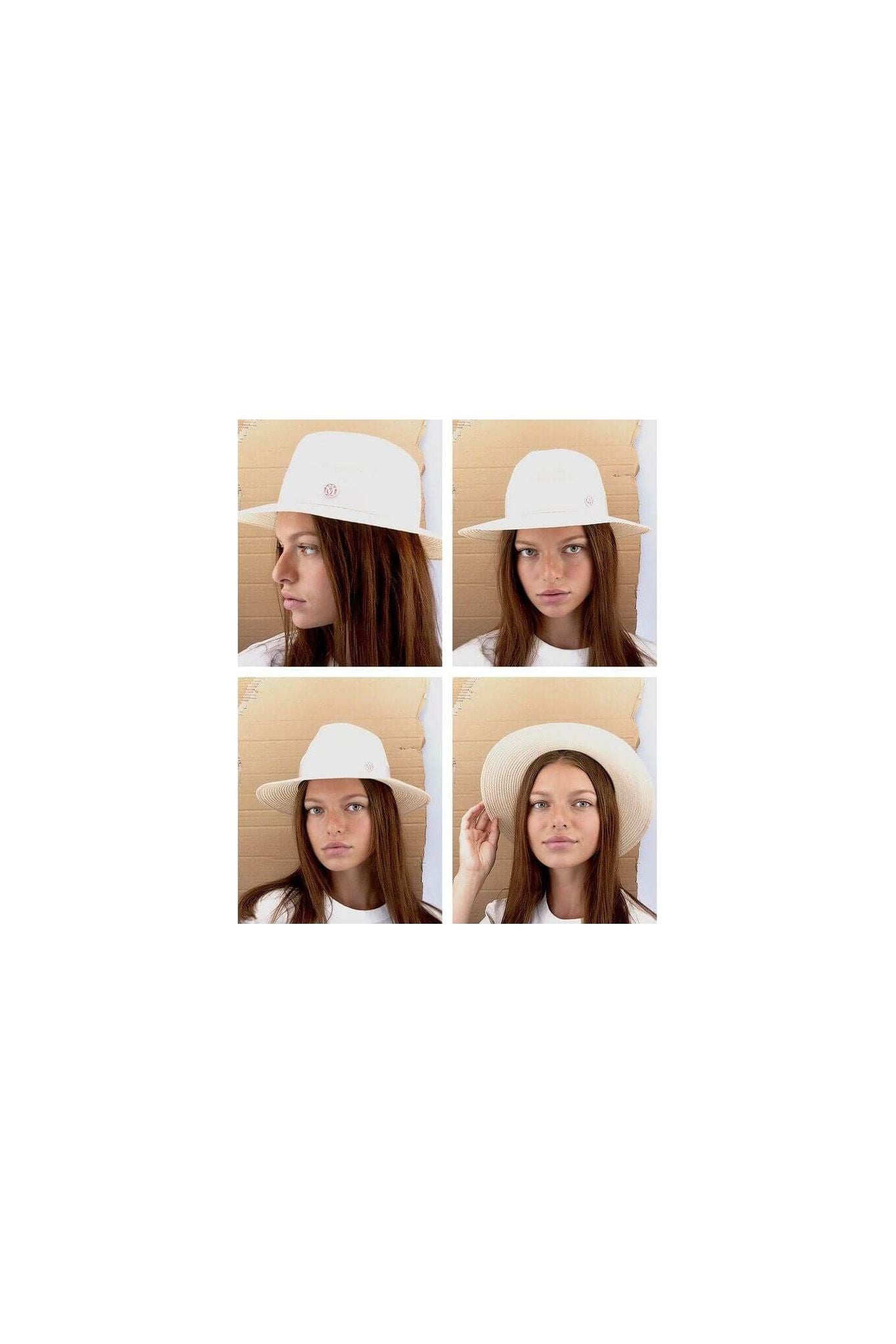 Chapeau Henrietta Timeless thin canapa straw hat in natural color, styled in four different angles, perfect for any occasion.