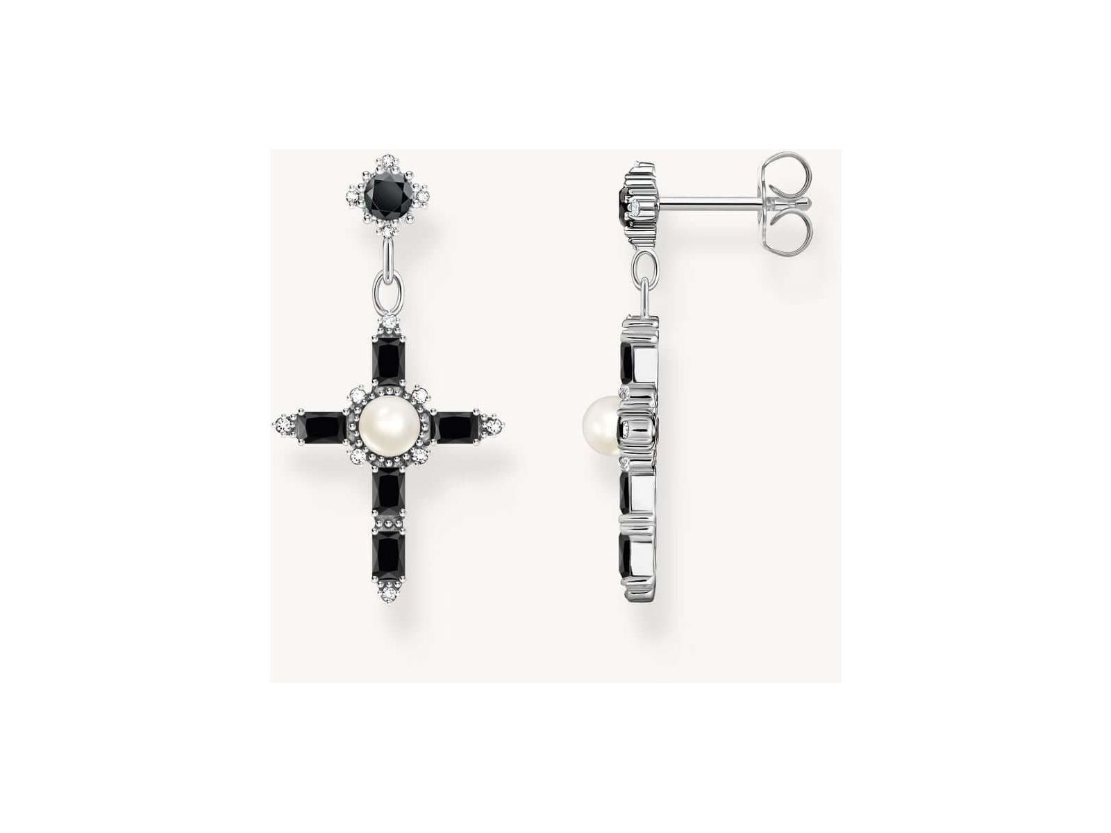 Boucles d'oreilles Croix en argent noirci avec perles et zirconiums, style vintage, pour femmes.