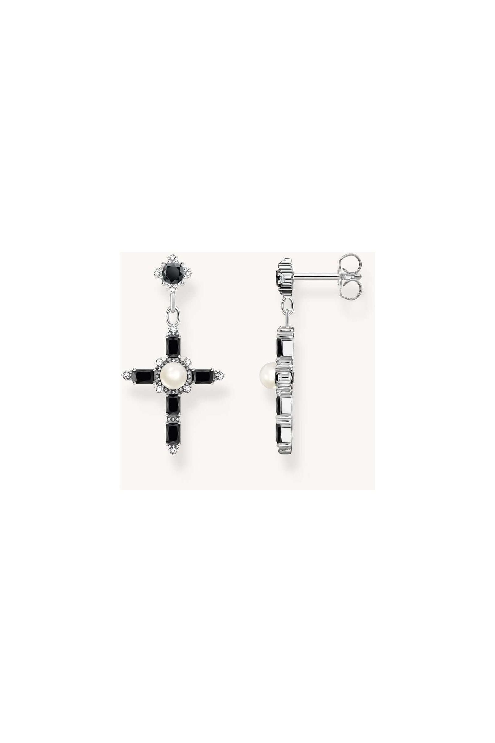 Boucles d'oreilles Croix en argent noirci avec perles et zirconiums, style vintage, pour femmes.