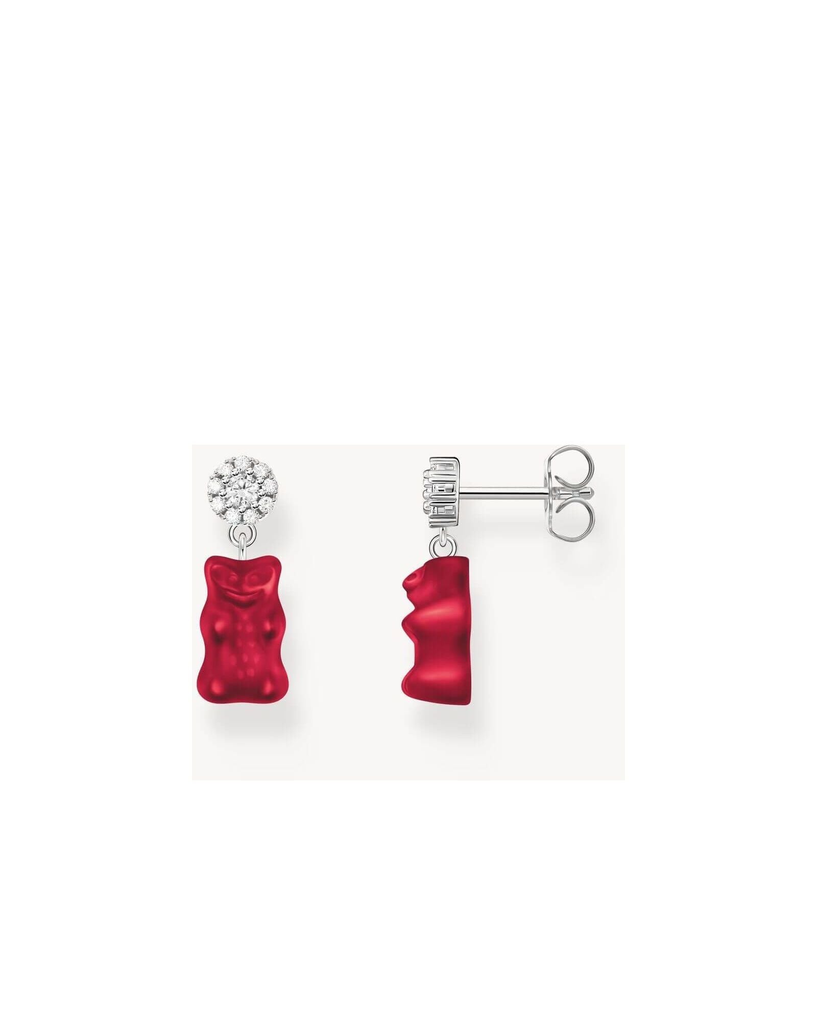 Clous d'oreilles en argent 925 recyclé avec pendentifs ourson rouge et zirconium, tendance et joyeux.
