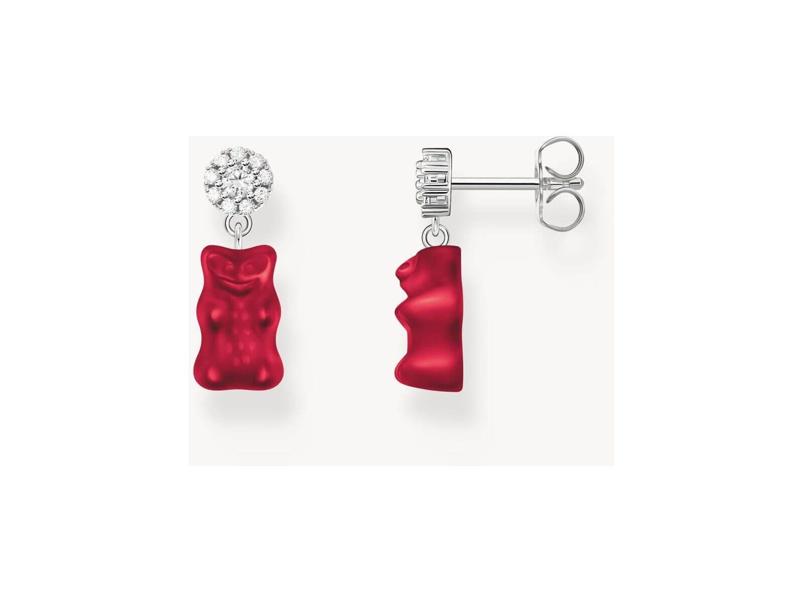 Clous d'oreilles en argent 925 recyclé avec pendentifs ourson rouge et zirconium, tendance et joyeux.