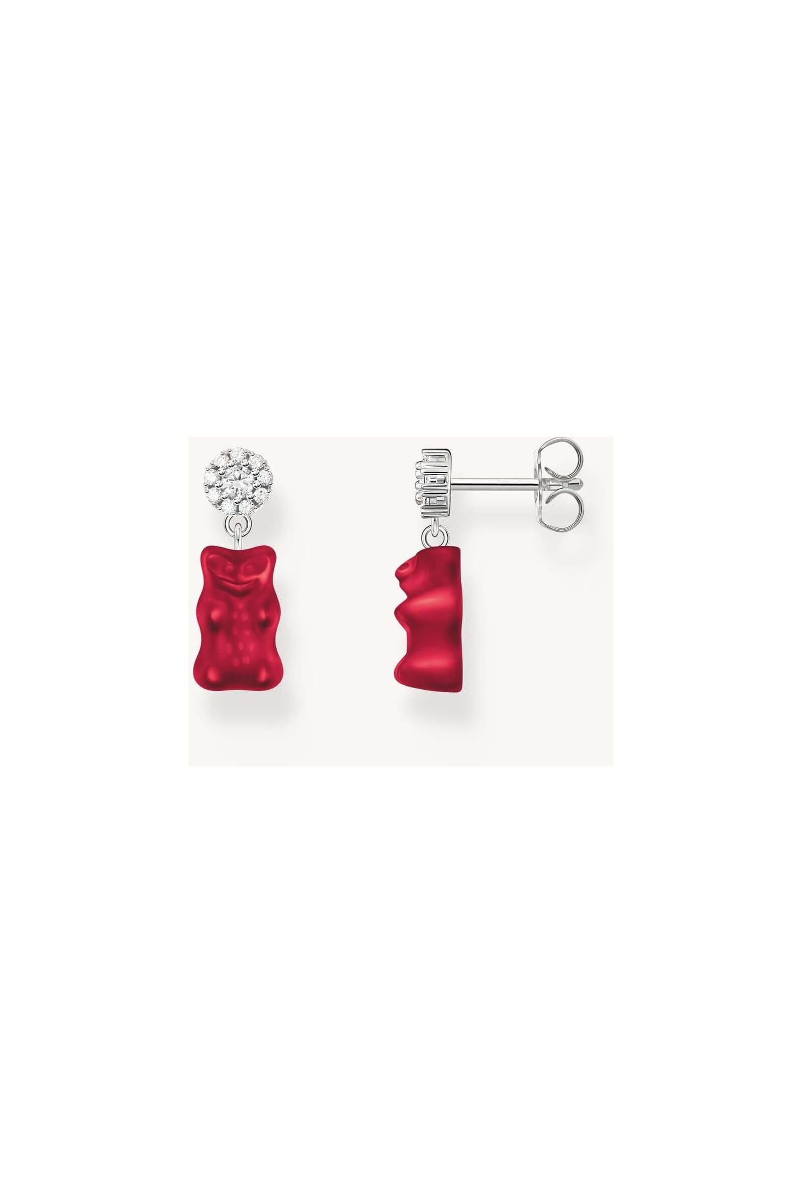 Clous d'oreilles en argent 925 recyclé avec pendentifs ourson rouge et zirconium, tendance et joyeux.