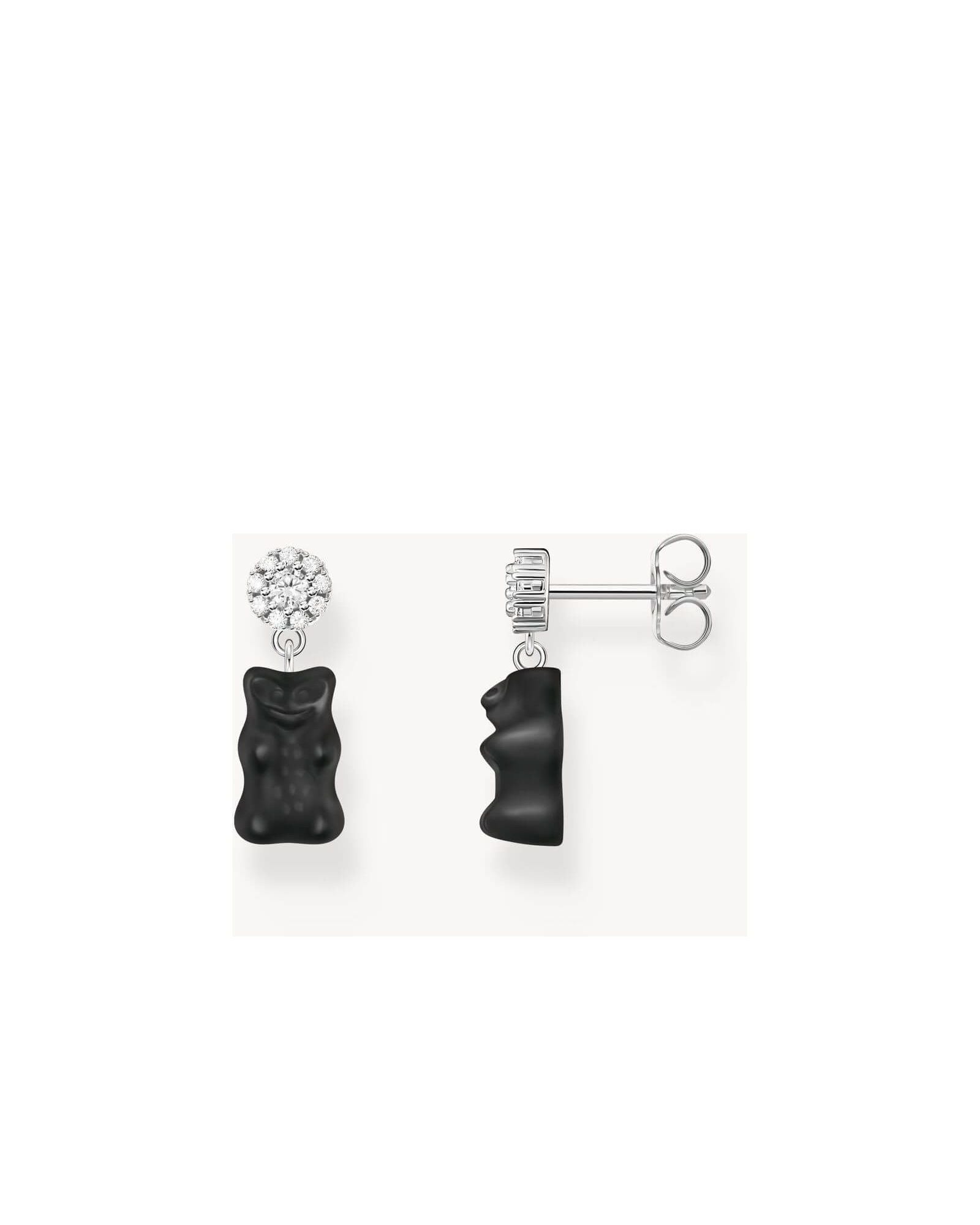 Clous d'oreilles en argent recyclé avec pendentifs oursons noirs et connecteurs en zirconium.