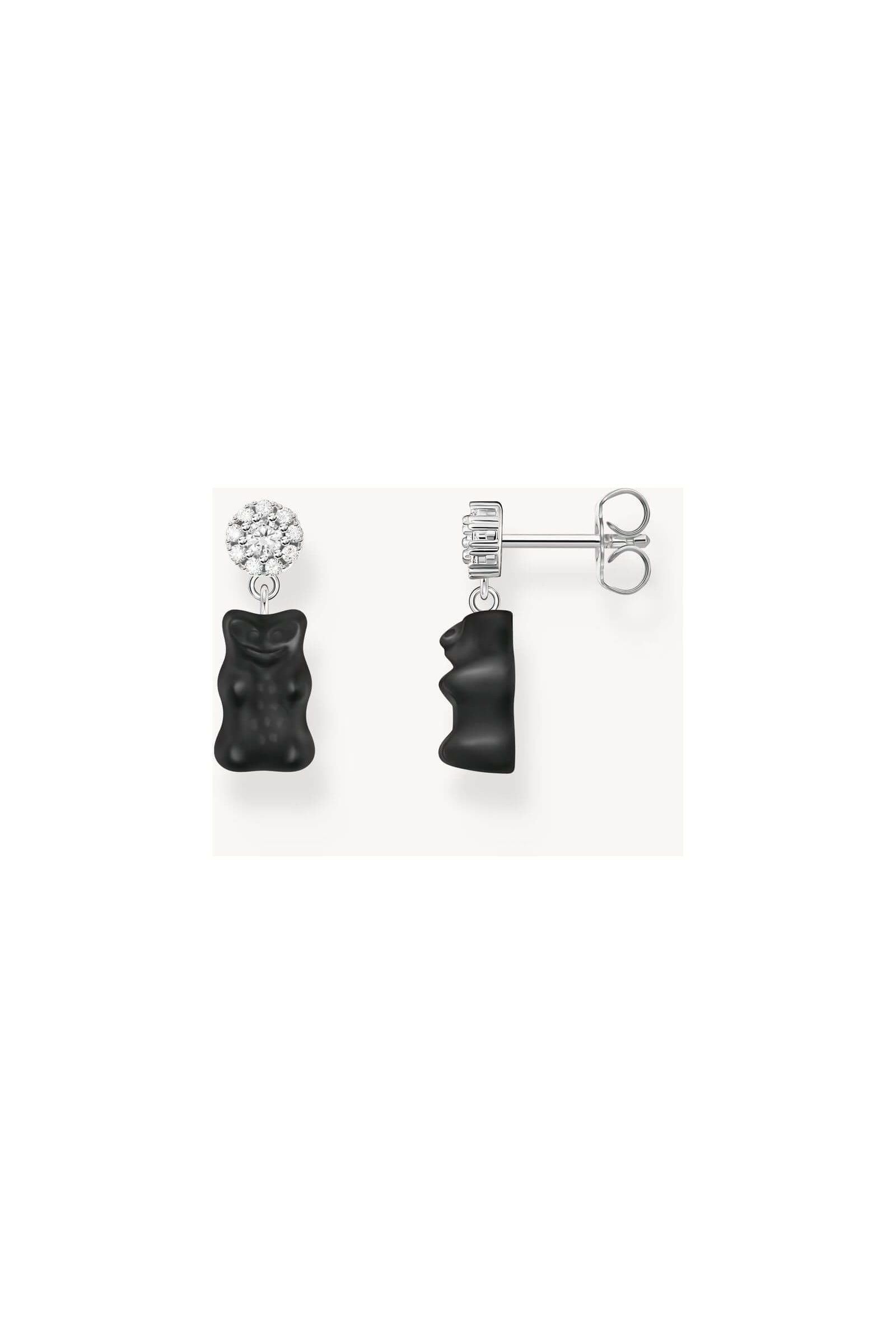 Clous d'oreilles en argent recyclé avec pendentifs oursons noirs et connecteurs en zirconium.