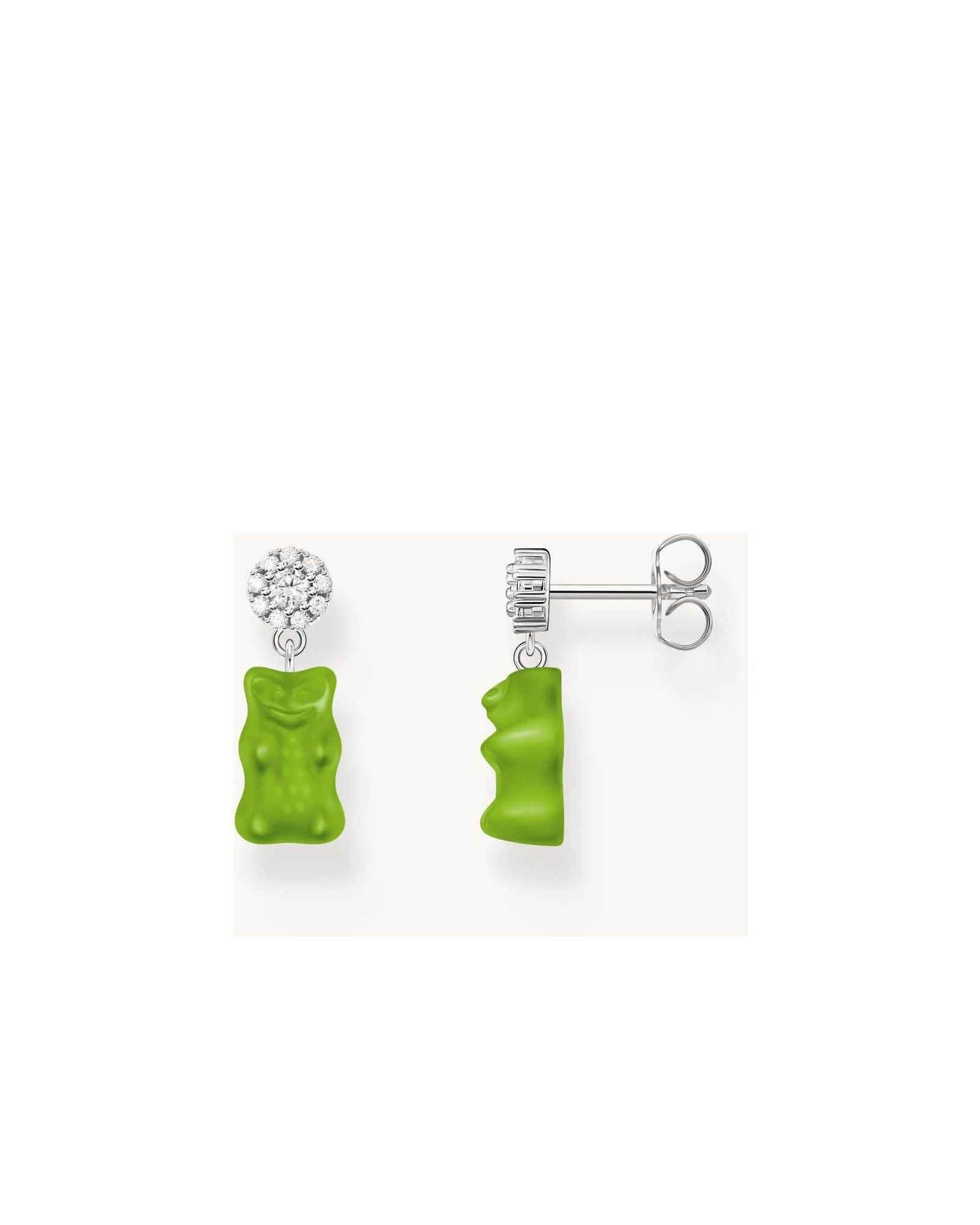 Clous d'oreilles en argent 925 avec pendentifs oursons en gomme verts ornés de pierres en zirconium.
