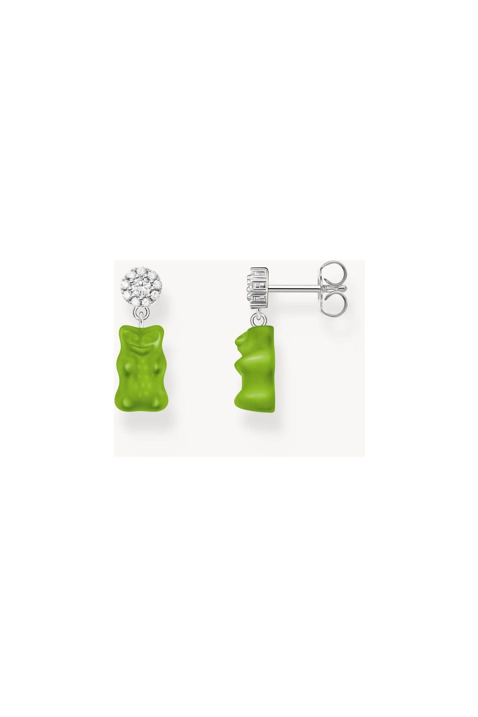 Clous d'oreilles en argent 925 avec pendentifs oursons en gomme verts ornés de pierres en zirconium.