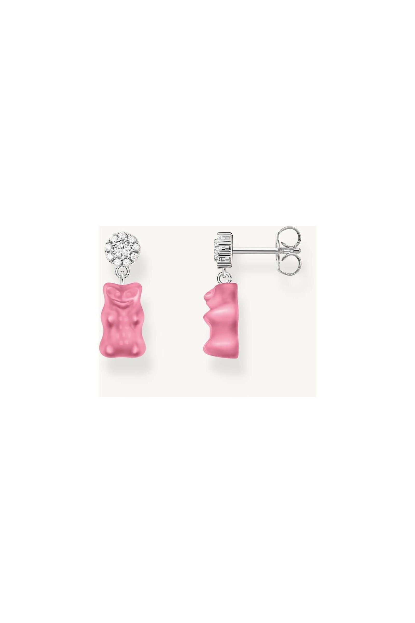 Clous d'oreilles en argent 925 recyclé avec pendentifs oursons en gomme rose et éclat de zirconium.
