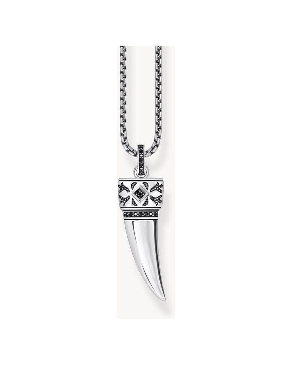 Chaîne à breloque en argent noirci avec pendentif dent stylisée ornée de zircones noires, longueur ajustable.