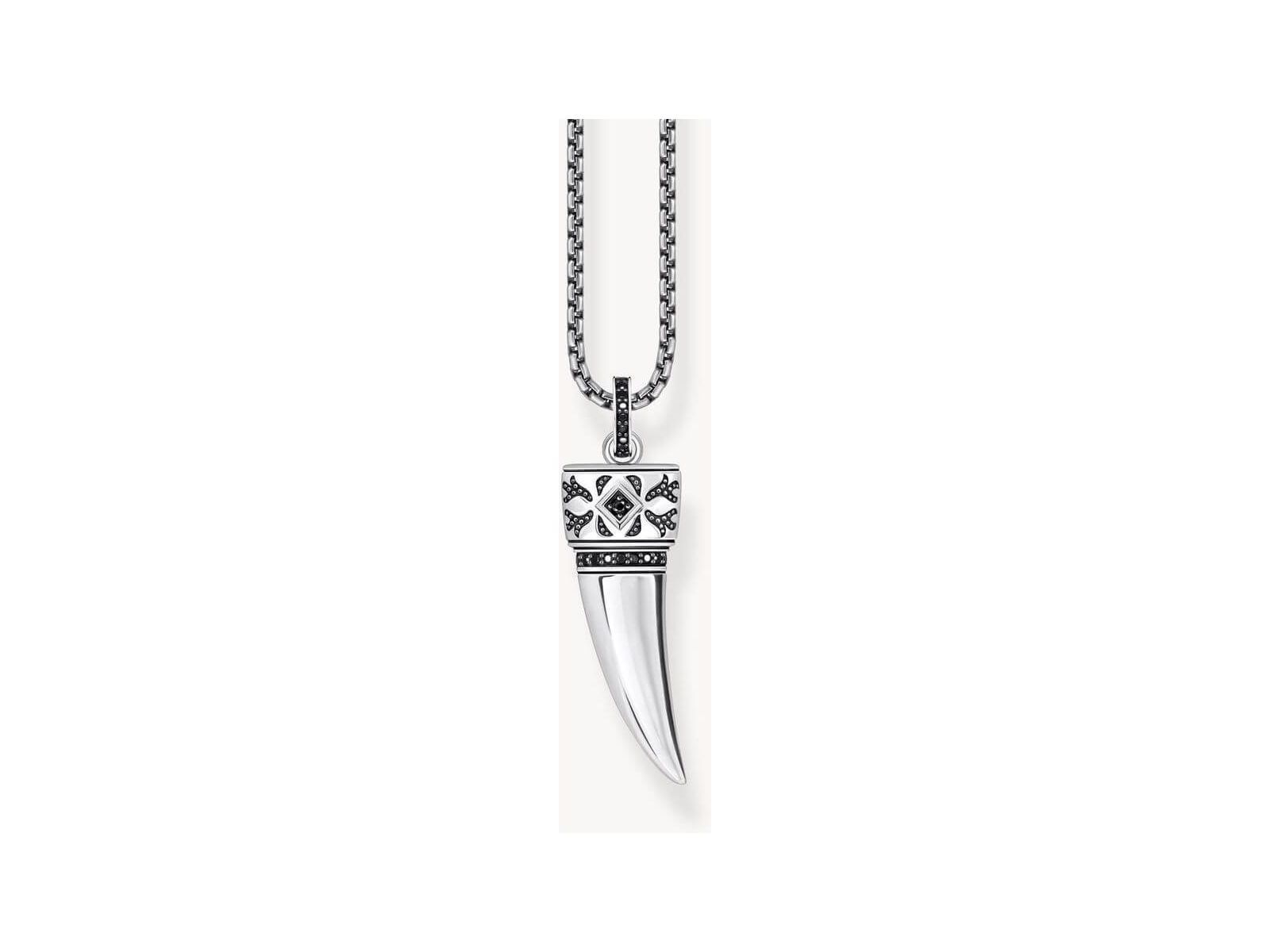 Chaîne à breloque en argent noirci avec pendentif dent stylisée ornée de zircones noires, longueur ajustable.
