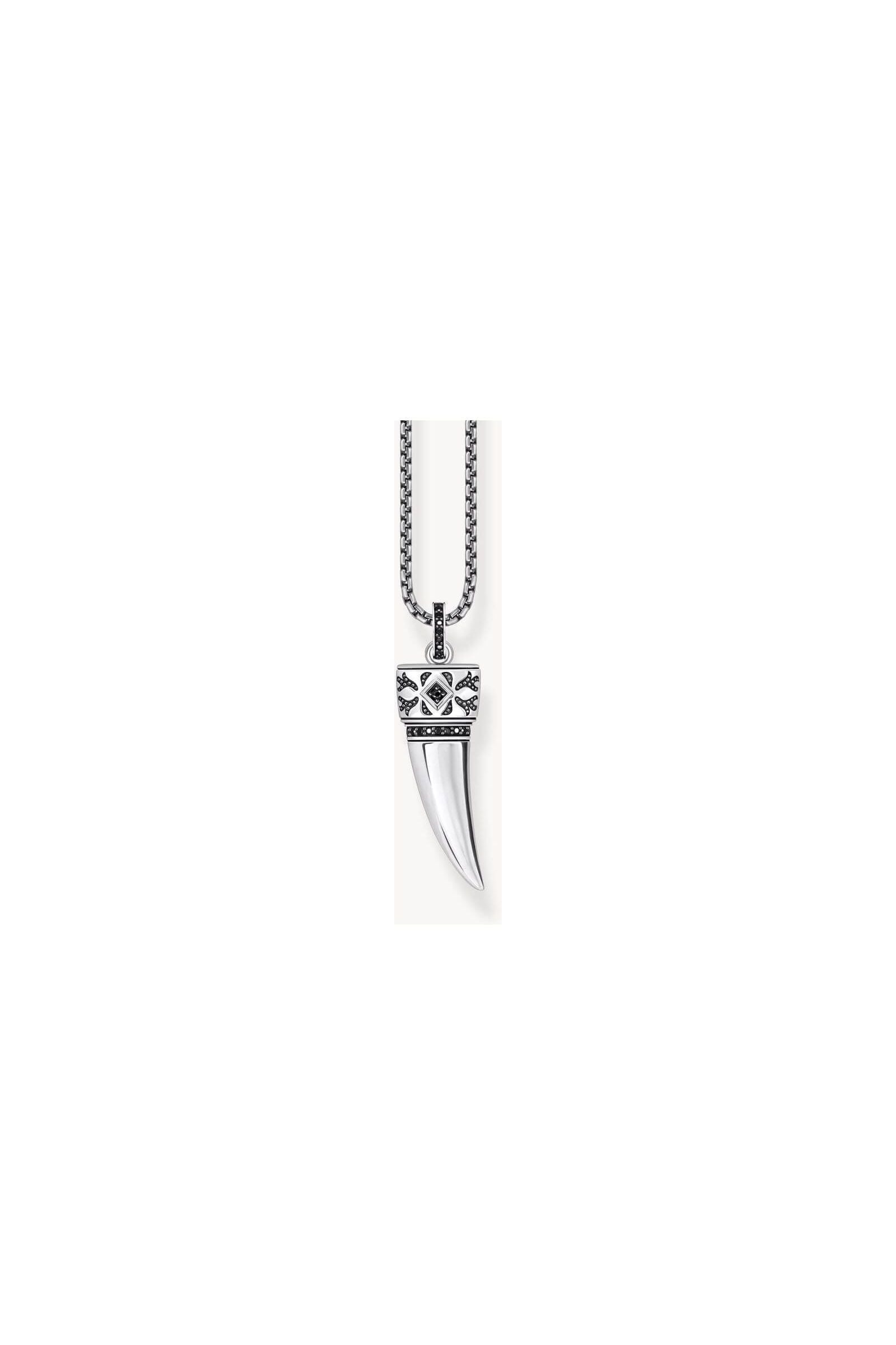 Chaîne à breloque en argent noirci avec pendentif dent stylisée ornée de zircones noires, longueur ajustable.