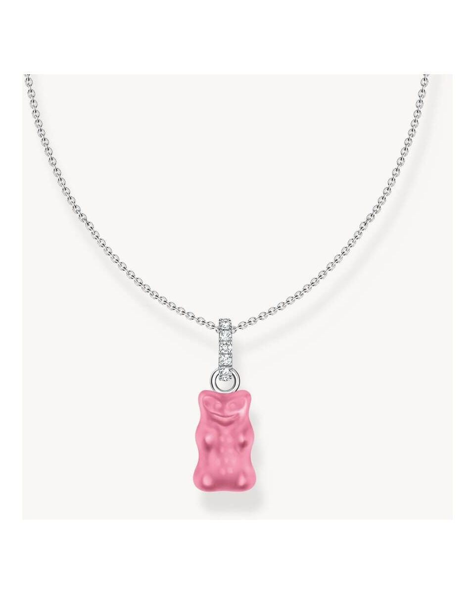Pink HARIBO bear charm on a silver chain necklace, perfect for fans of candy-inspired jewelry.