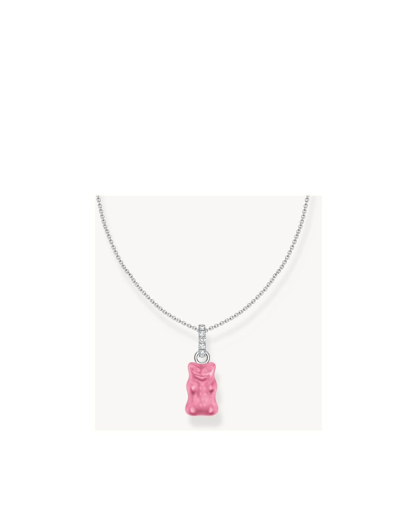 Pink HARIBO bear charm on a silver chain necklace, perfect for fans of candy-inspired jewelry.