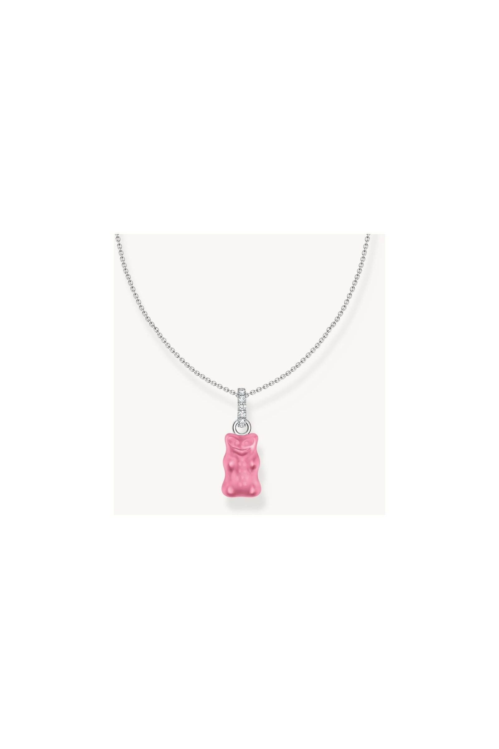 Pink HARIBO bear charm on a silver chain necklace, perfect for fans of candy-inspired jewelry.